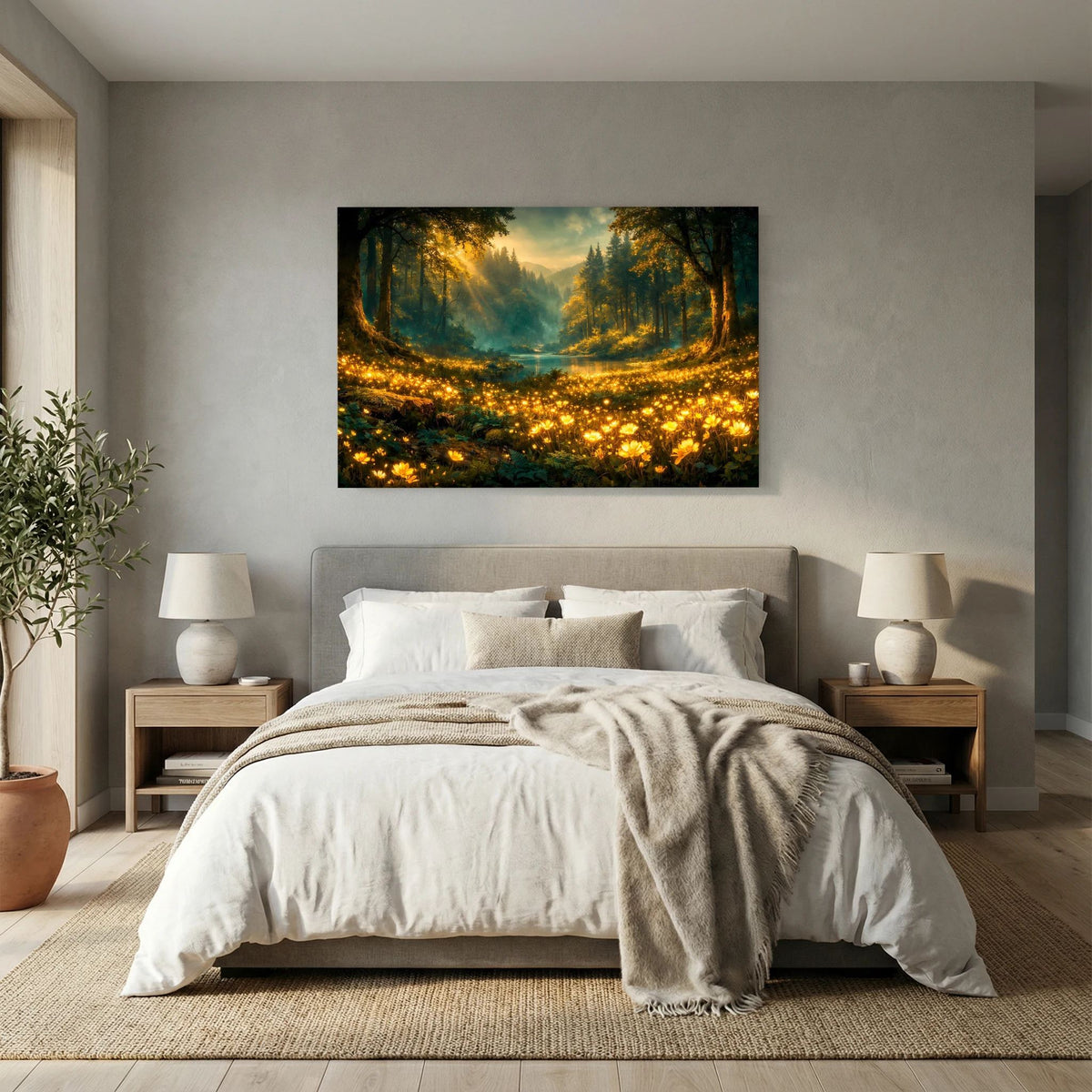 Querformatiges Wandbild: goldenes Waldtal im Morgenlicht, Fluss und viele warme Lichter
