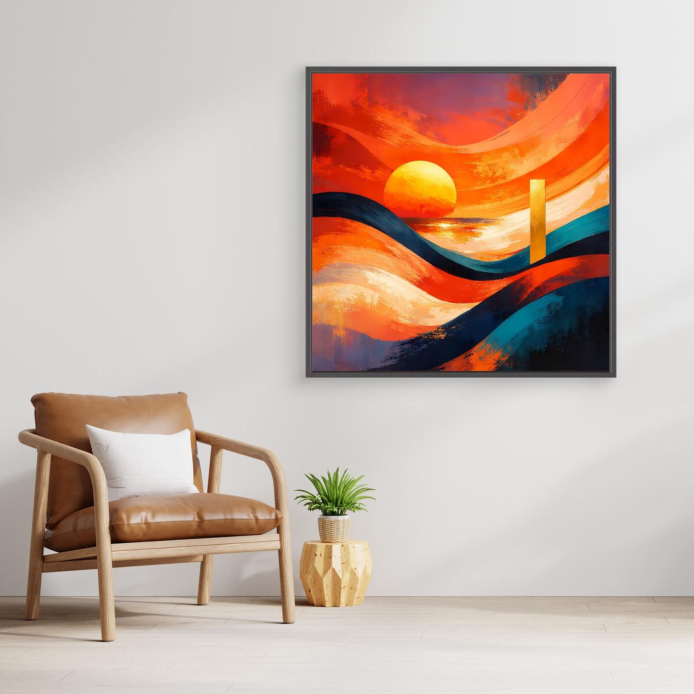 Leinwandbild abstraktes Meer mit orangeblauen Wellen, Sonne und schwarzem Rahmen
