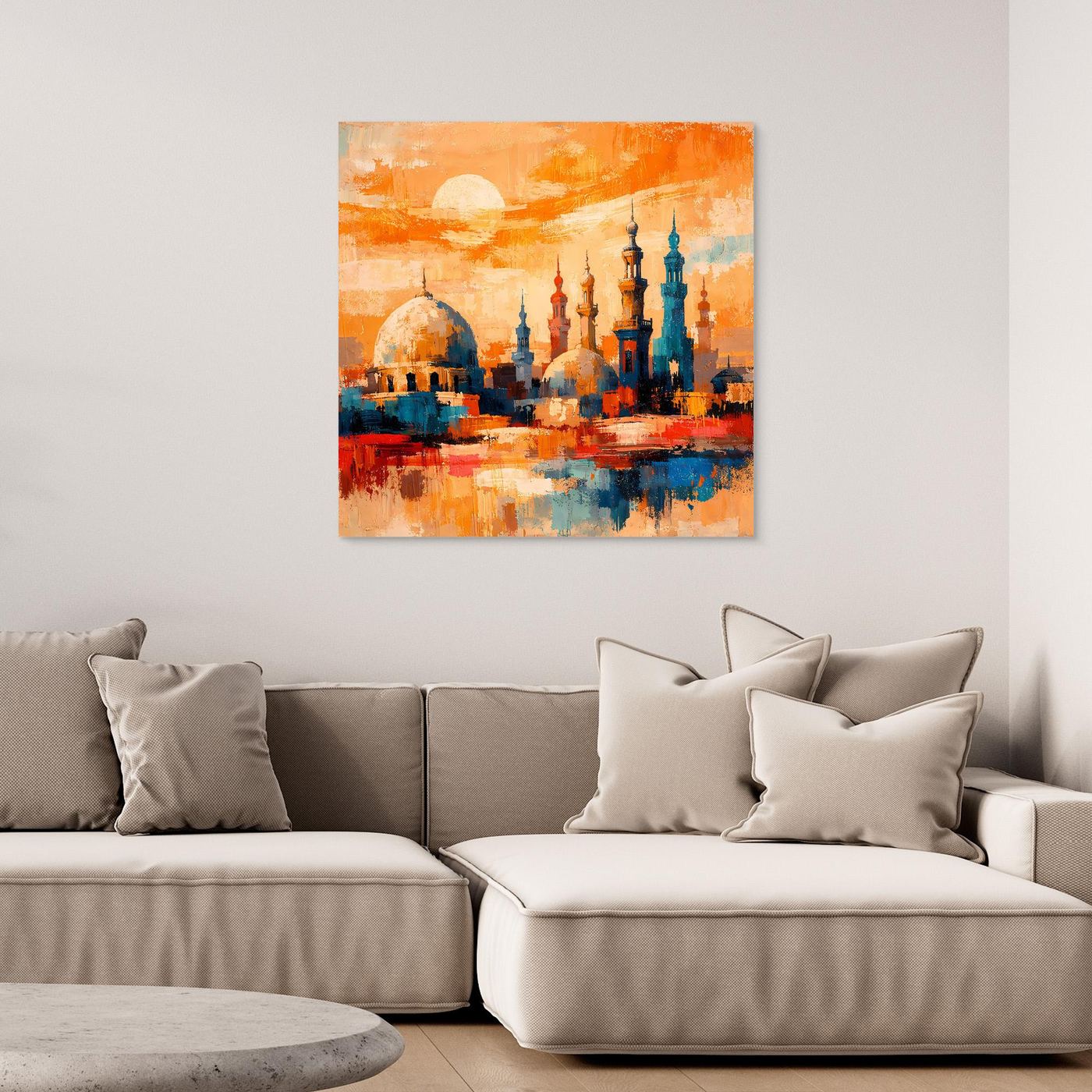 Abstraktes Leinwand-Wandbild mit orientalischer Skyline und Minaretten, orangefarbener Himmel