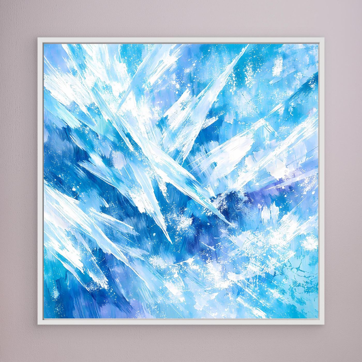 Quadratisches Leinwand-Wandbild mit abstrakten Eiskristallen in Blau, weißer Rahmen
