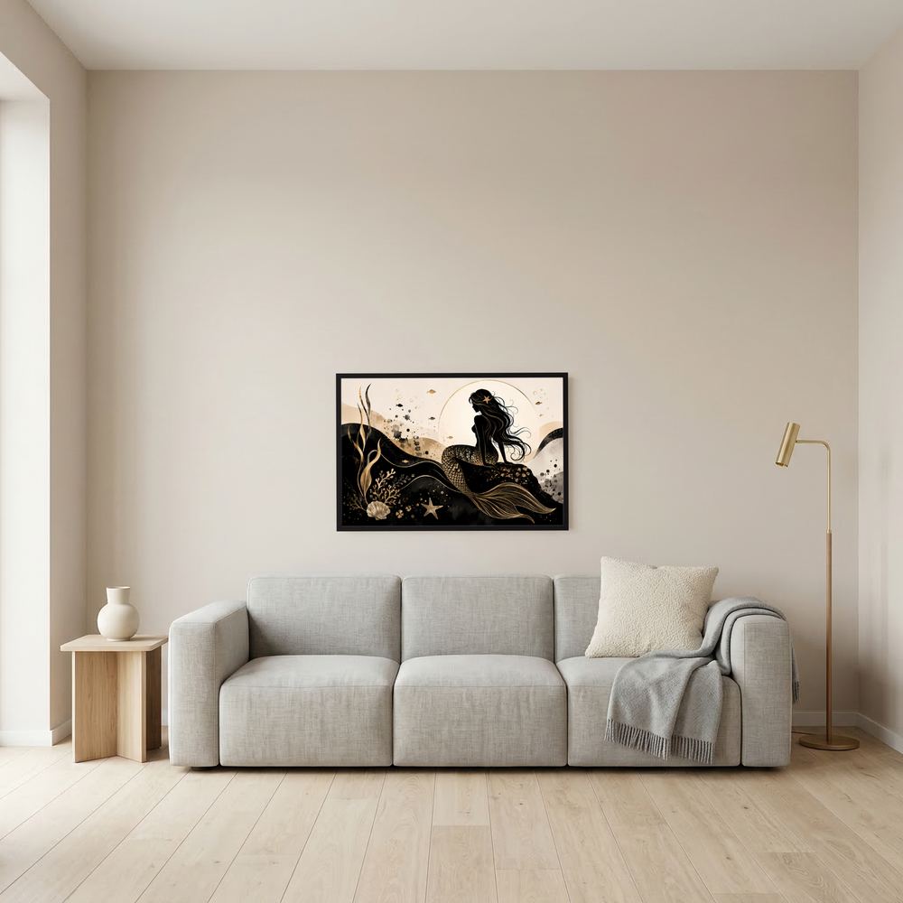 Gerahmtes Querformat-Poster mit Meerjungfrau-Silhouette in Schwarz und Gold, schwarzer Rahmen, weißes Passepartout
