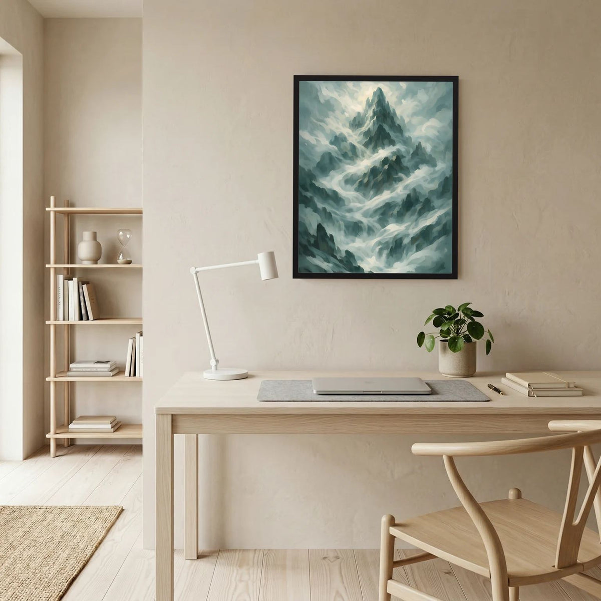 Hochformat-Wandposter mit grünen Nebelbergen im dunklen Rahmen