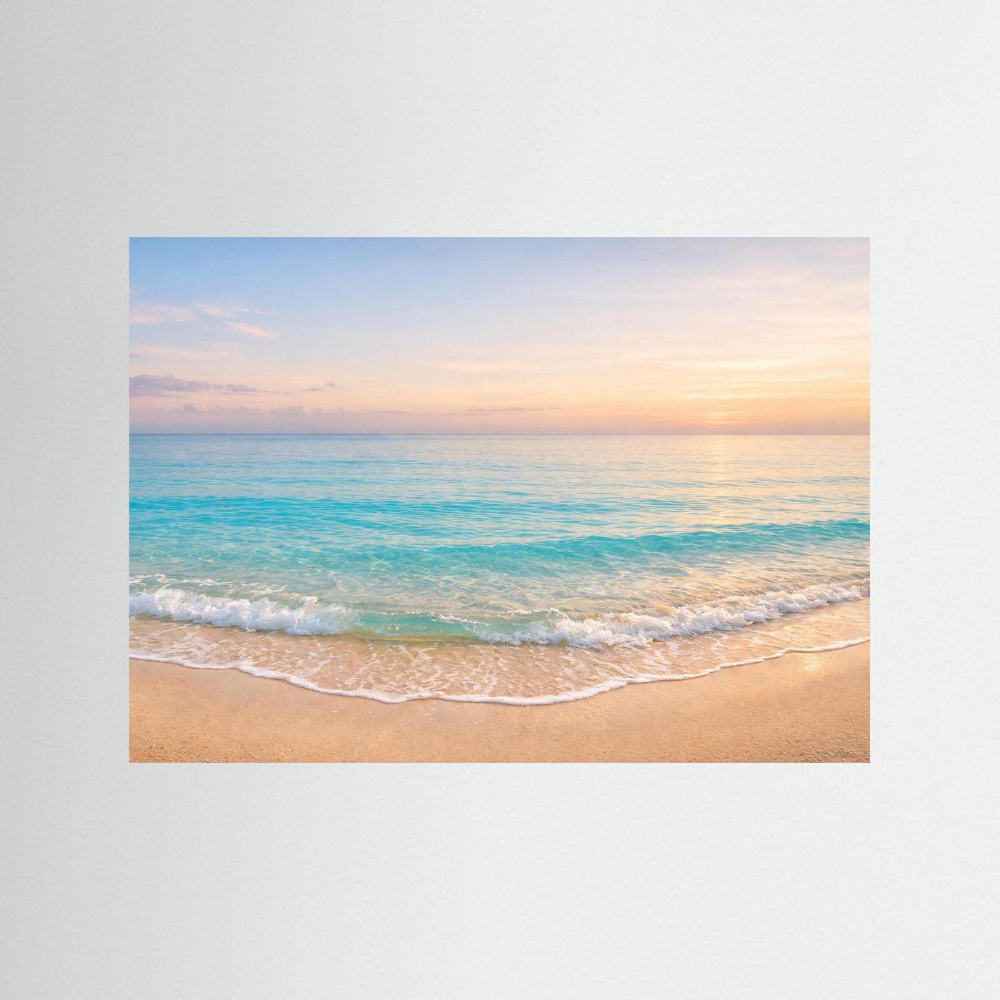 Poster mit Strand- und Meerbild im Querformat, mit Sonnenuntergang und Wellen