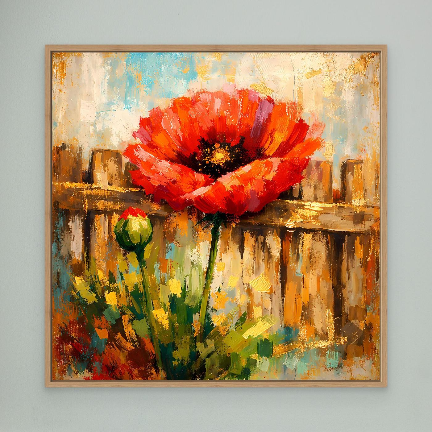 Leinwandbild mit abstrakter roter Mohnblume und grünem Stiel, Eichenrahmen