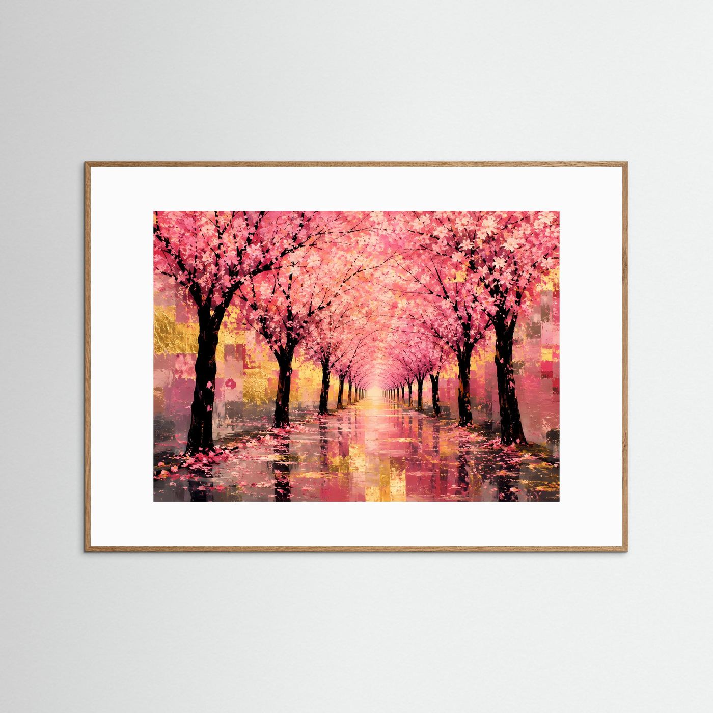 Poster im hellbraunem Holzrahmen, Kirschblütenallee mit rosa Blüten und Reflexen