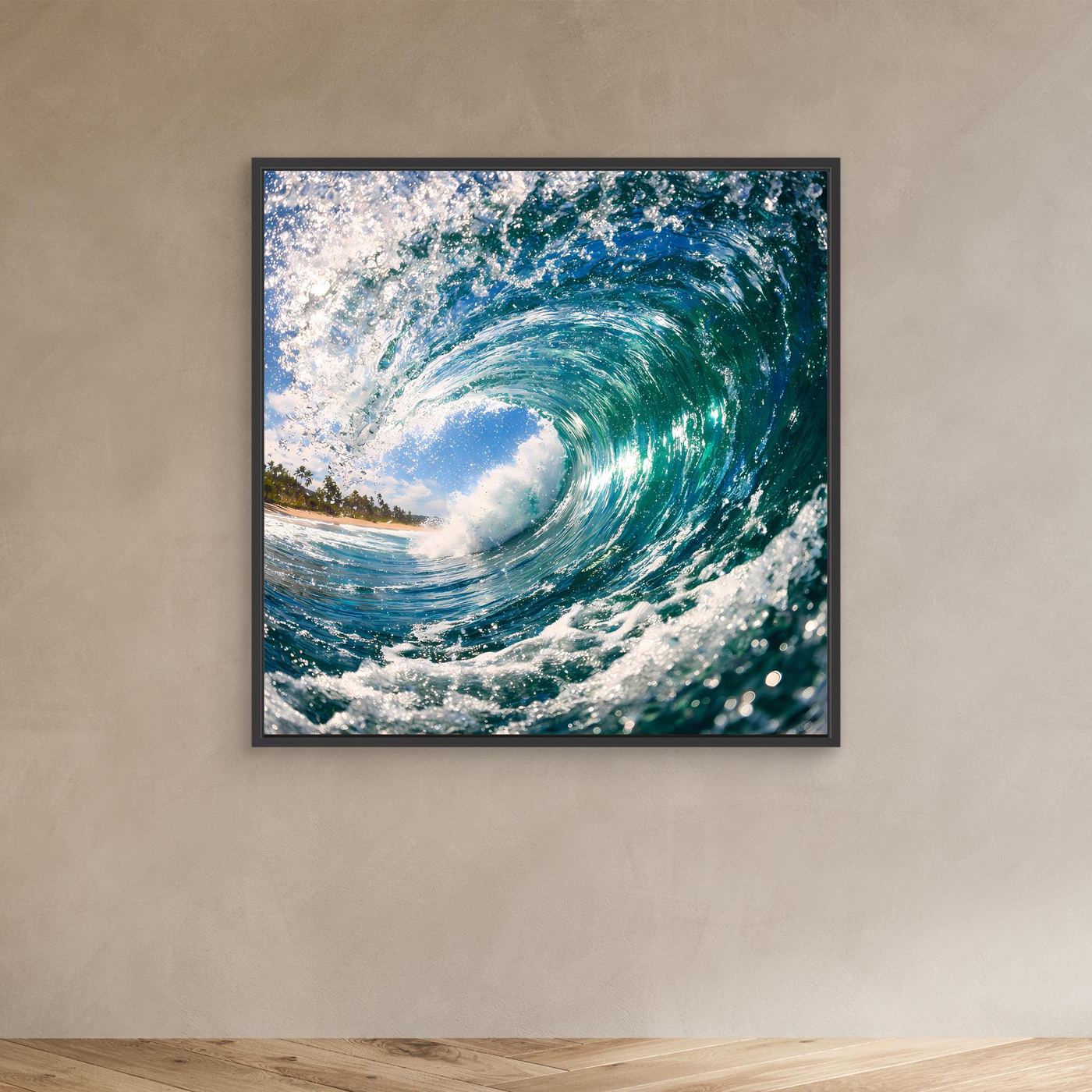 Leinwandbild mit Wellenmotiv an der Wand: türkisblaue Welle; schwarzer Rahmen