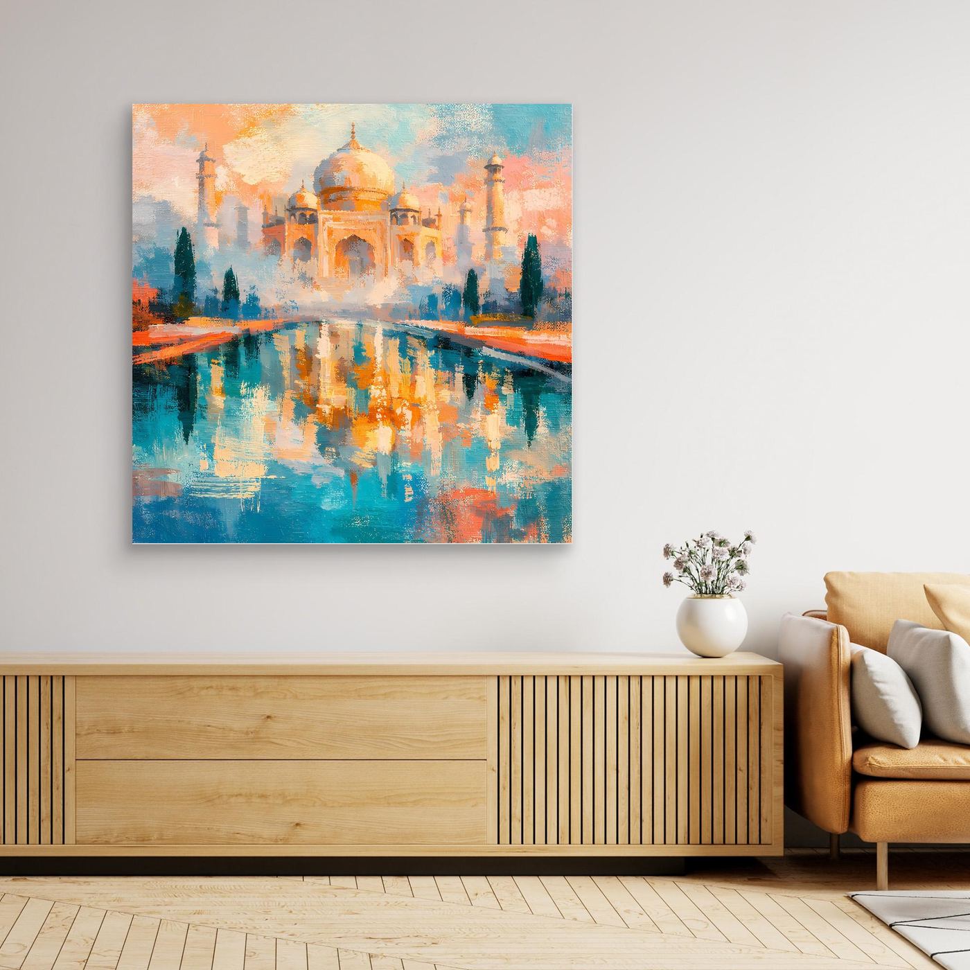 Unrahmtes Leinwand-Wandbild: abstraktes Taj Mahal mit spiegelnder Wasserfläche