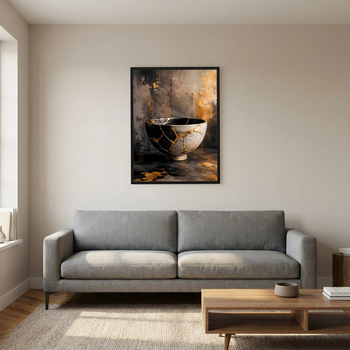 Gerahmtes Hochformat-Poster mit Schale in Weiß und Schwarz sowie goldenen Rissadern