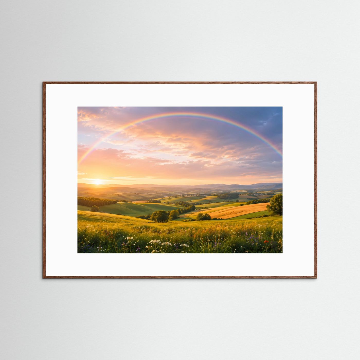 Gerahmtes Poster Querformat mit Regenbogen über Landschaft bei Sonnenuntergang im braunen Rahmen