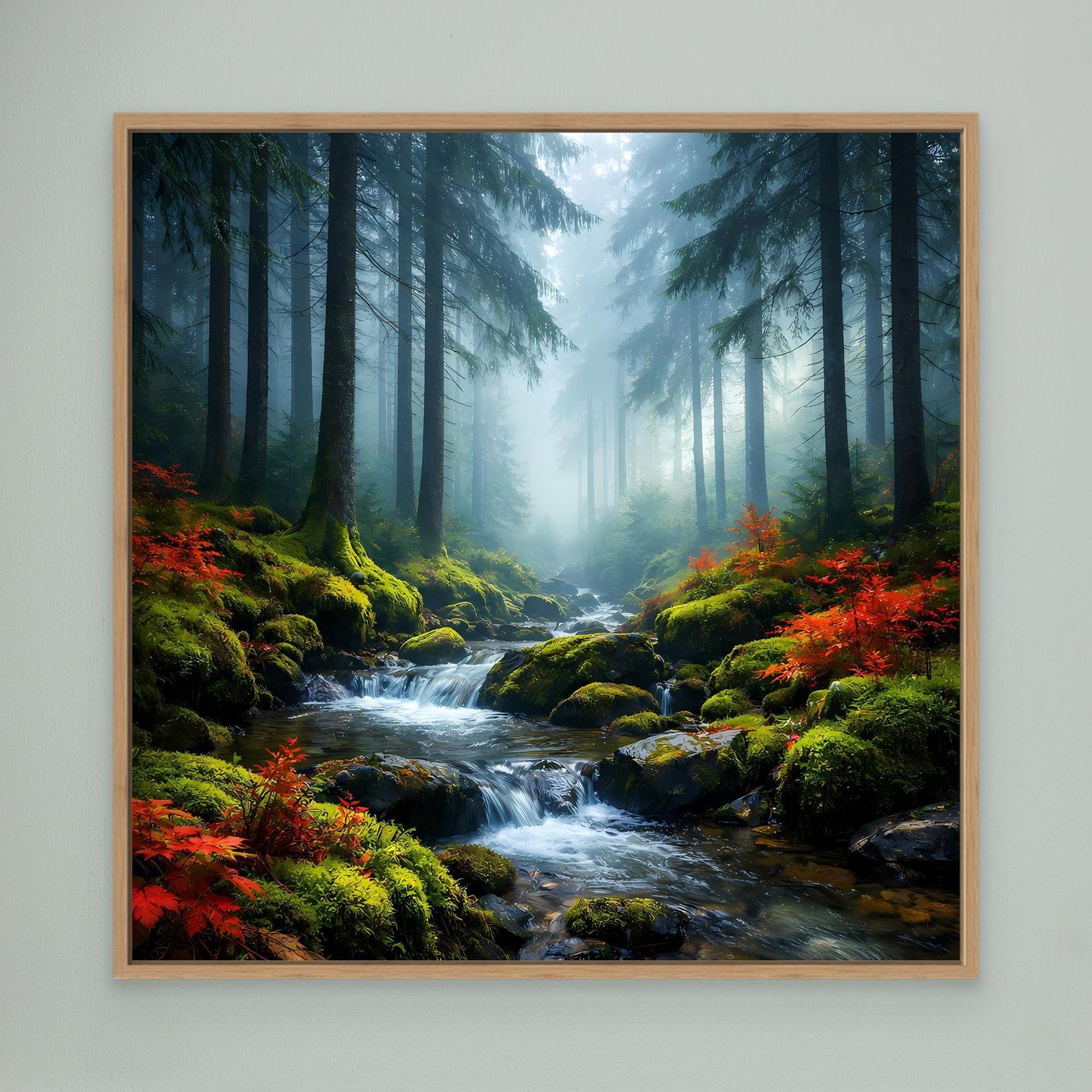 Wandbild im Eichenrahmen: nebliger Wald mit Bachlauf, Moos und bunten Pflanzen