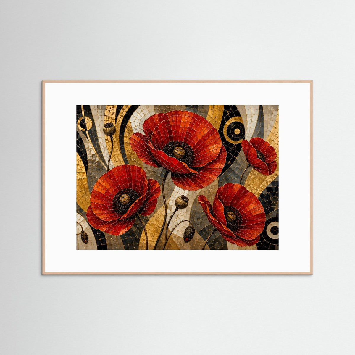 Eichefarben gerahmtes Poster mit Mohnblumen im Mosaikstil, rot, schwarz und gold, Querformat