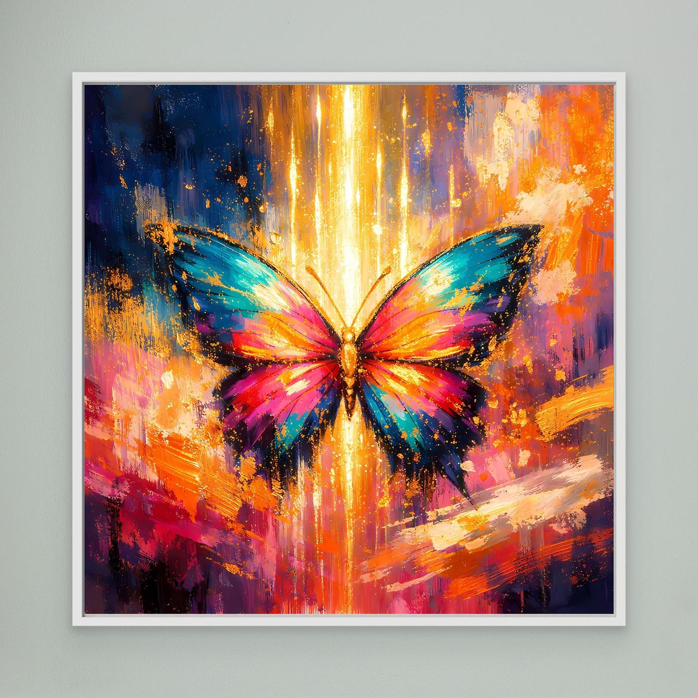 Wandbild mit farbenfrohem Schmetterling im Lichtstrahl auf Leinwand, im weißen Rahmen