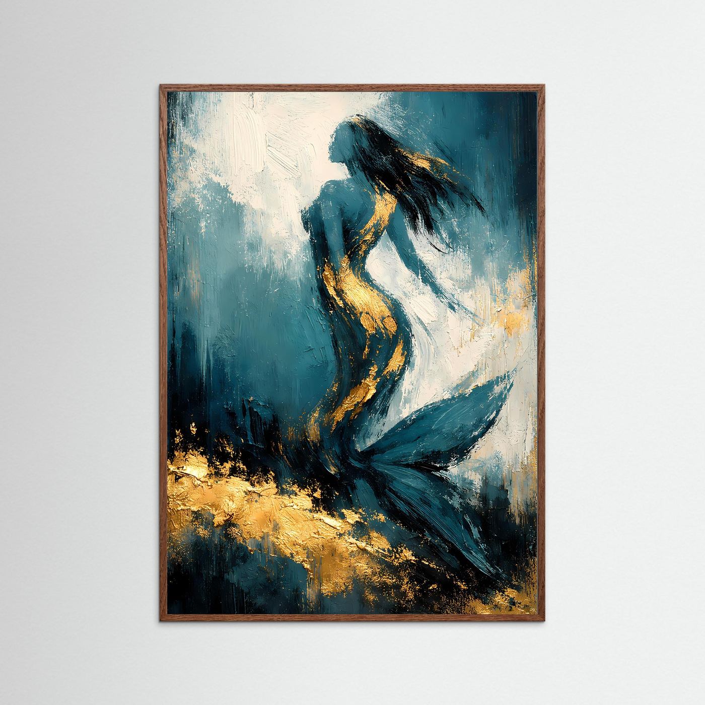 Hochformatiges Meerjungfrau-Kunstposter im braunen Holzrahmen mit Blau-Türkis und Gold