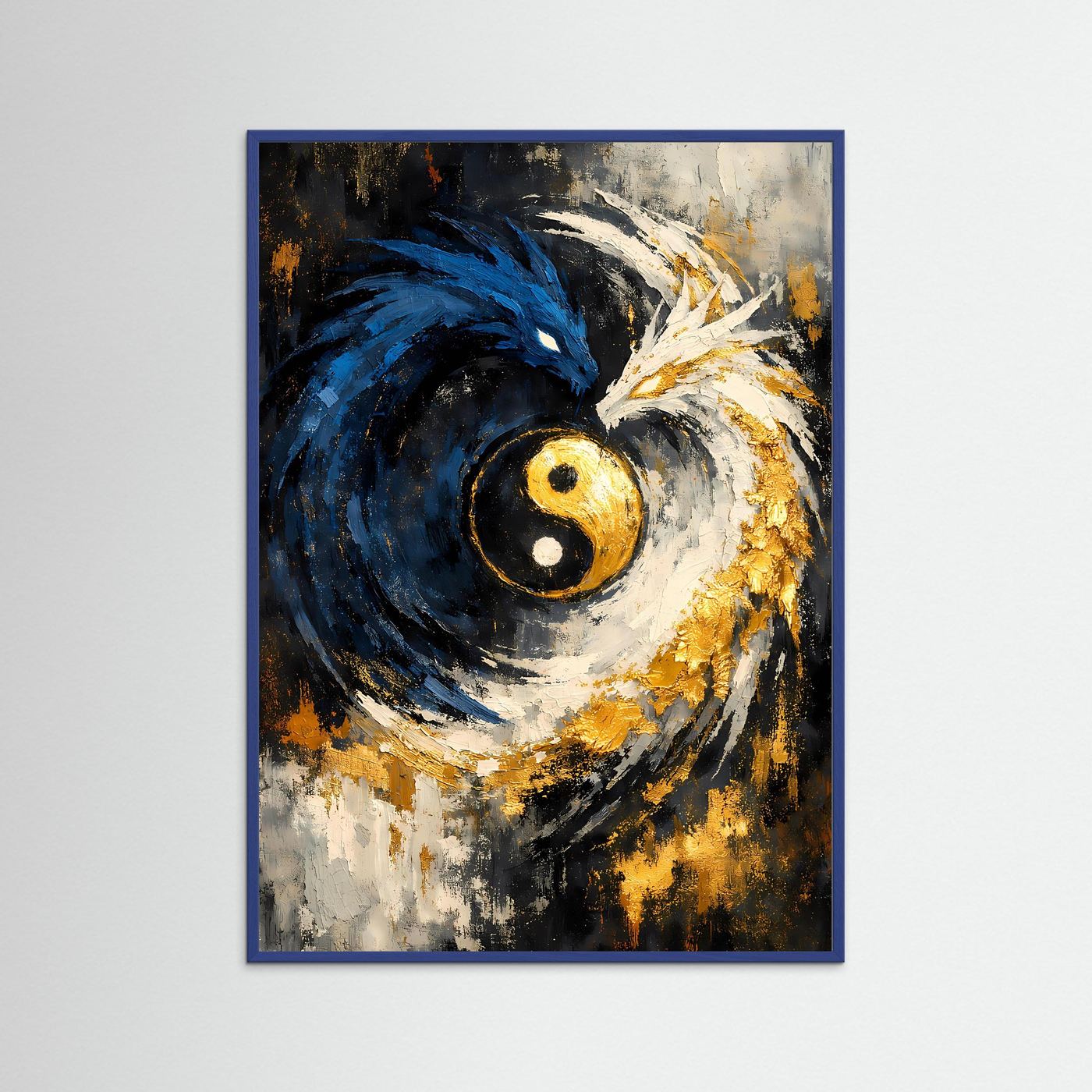 Hochformatiges Yin-Yang-Poster im blauem Rahmen: blau-goldener Drachenwirbel