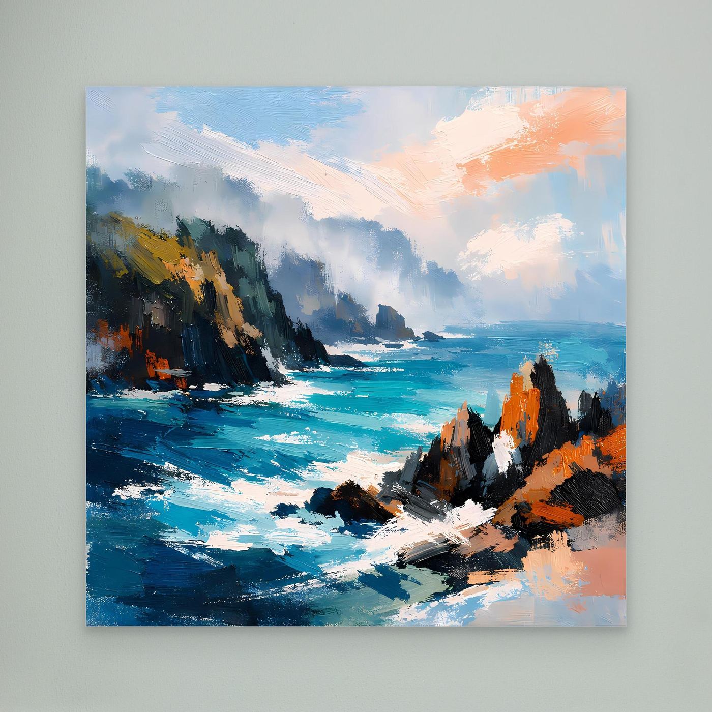 Leinwand-Wandbild mit abstrakter Steilküste am Meer, kräftige Blau- und Orangetöne