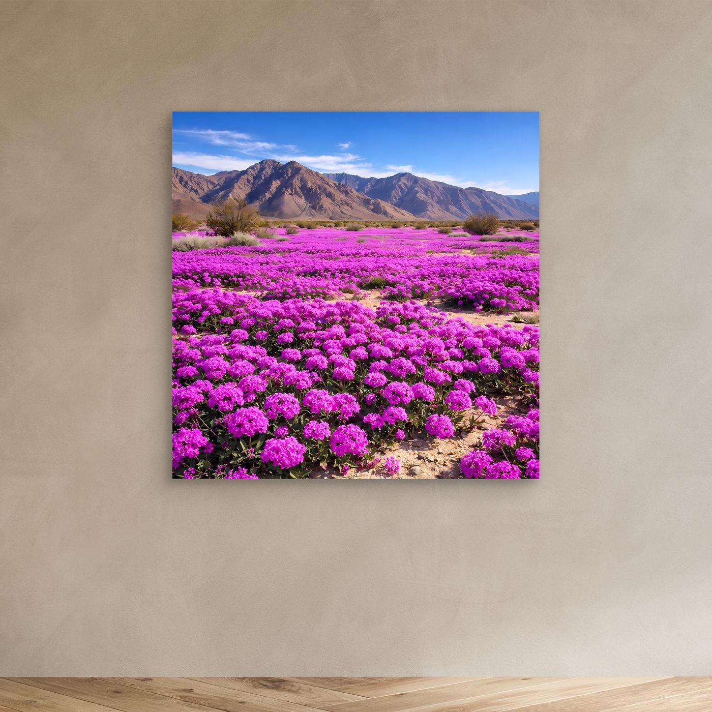Leinwandbild mit violettem Blütenfeld und Bergpanorama, ohne Rahmen