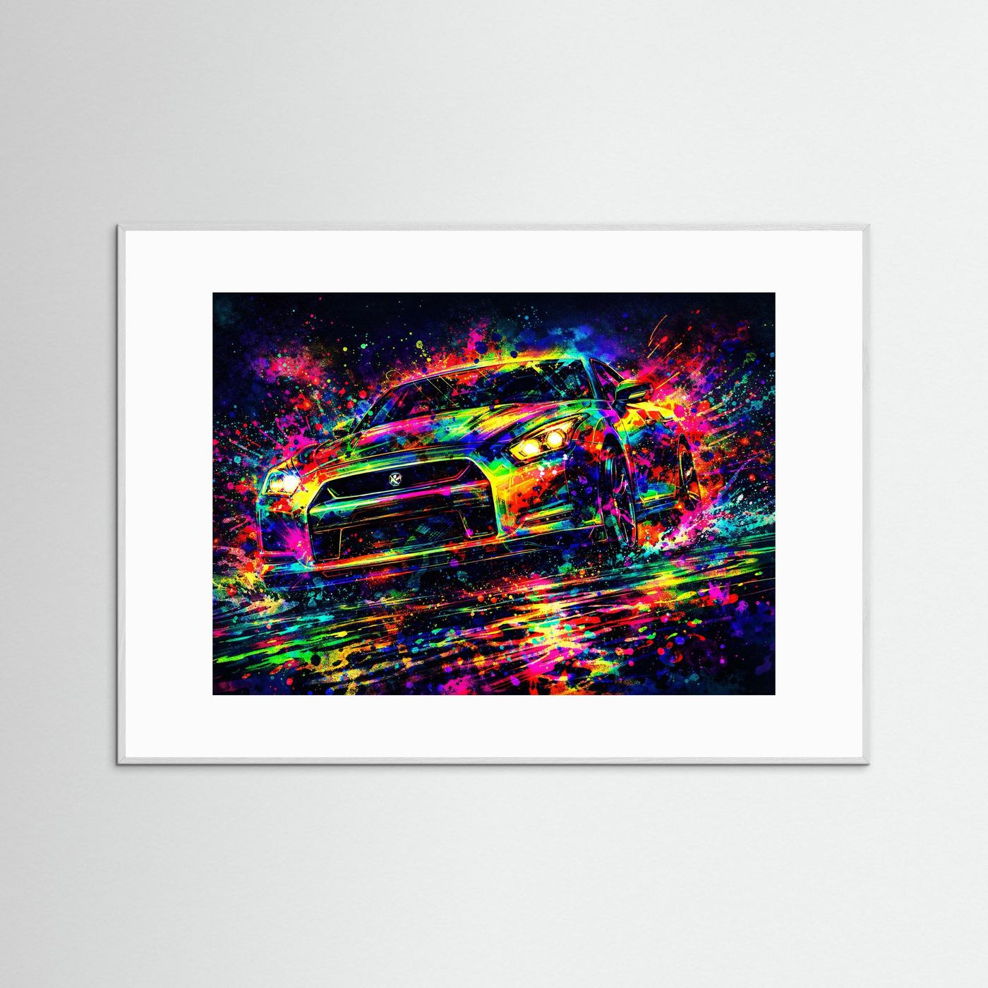 Moderner Sportwagen im Farbexplosion-Stil | Dynamische Tuning Auto Kunst Poster Querformat