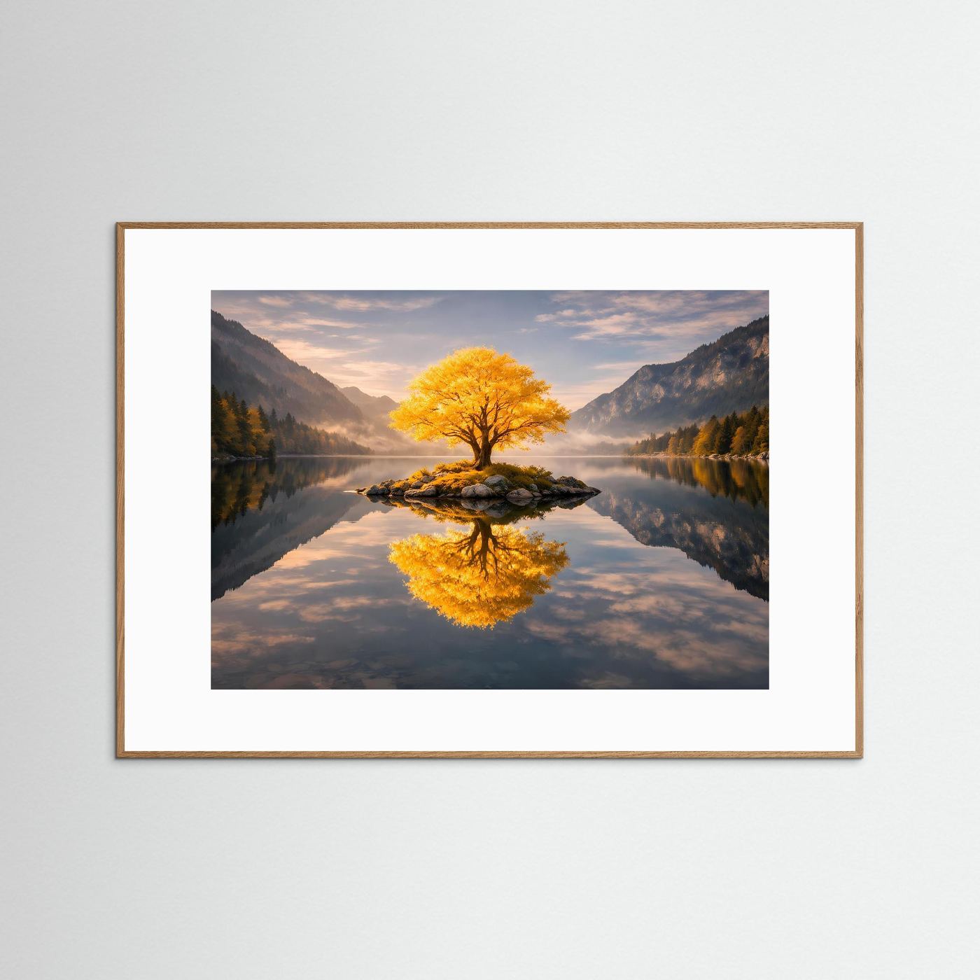 Gerahmtes Wandbild: goldener Baum am See, Spiegelung, weißer Rahmen
