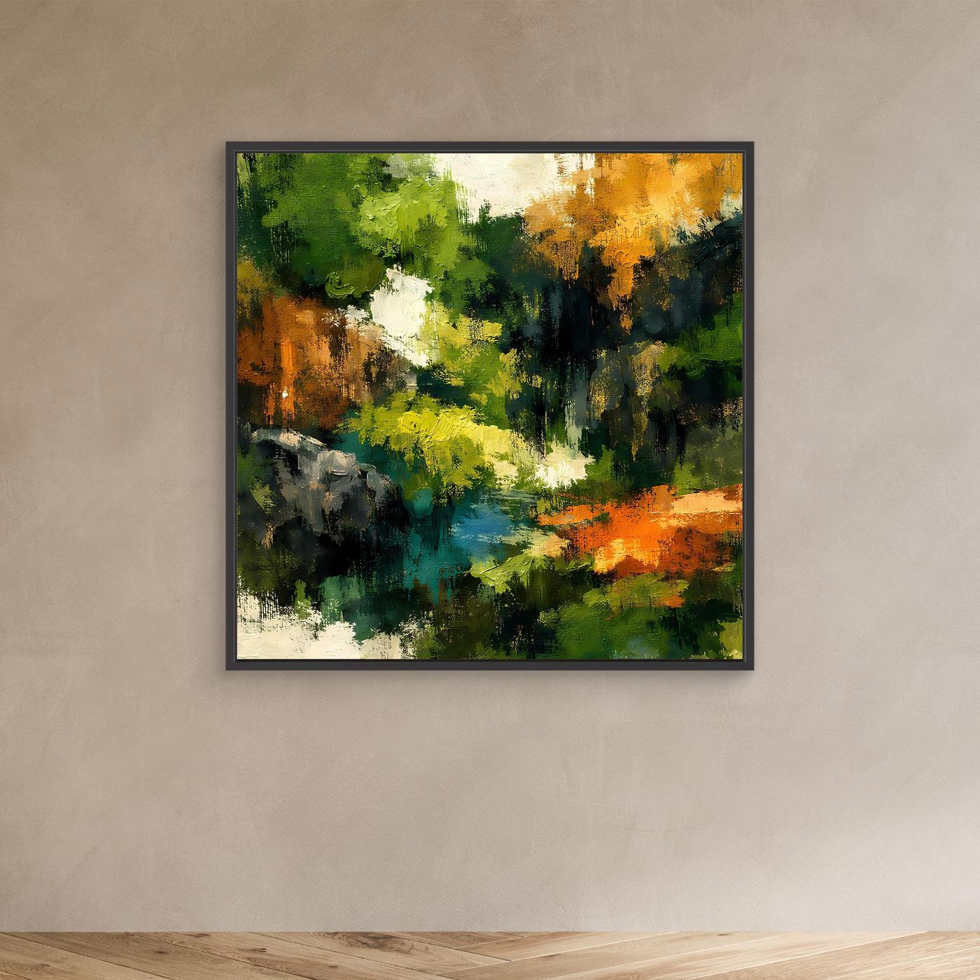 Leinwand-Wandbild mit schwarzem Rahmen: abstrakte Waldlandschaft und Fluss, grün, gelb, orange