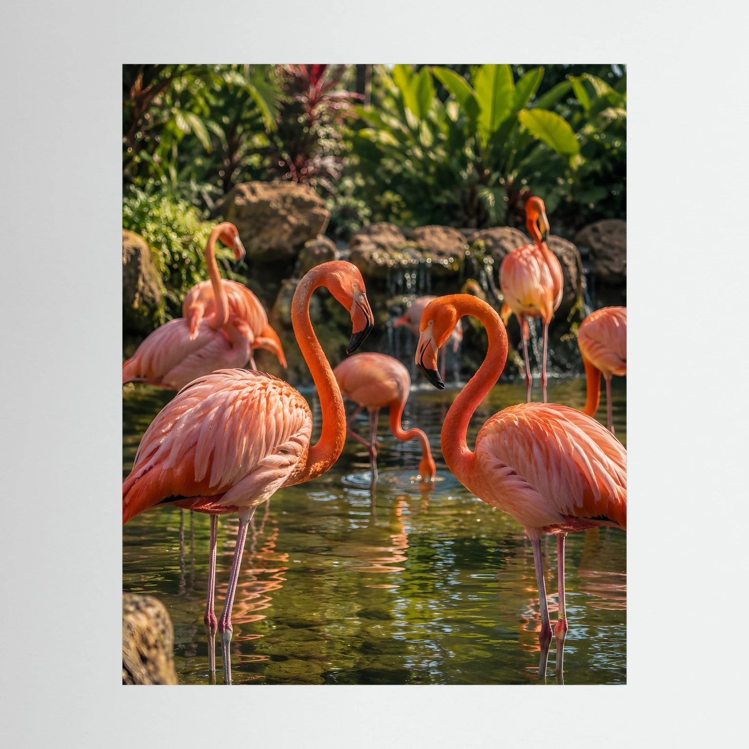 Hochformat-Poster mit rosa Flamingos im Teich vor grüner tropischer Vegetation