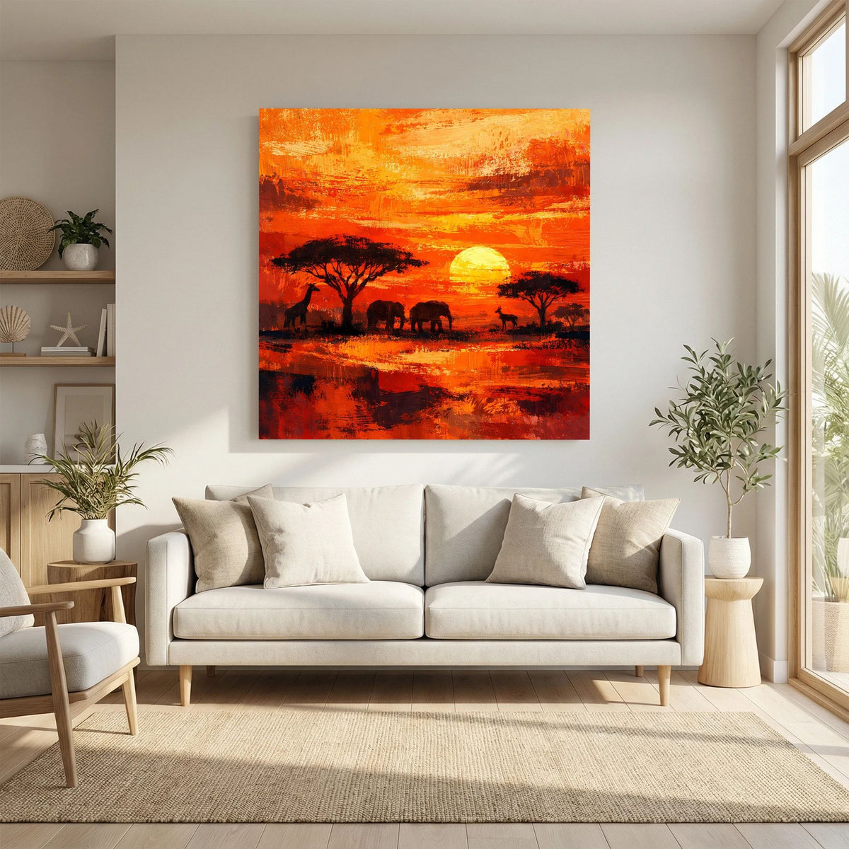 Leinwand-Wandbild Afrikanische Savanne: orange Himmel, schwarze Bäume, Silhouetten von Elefanten