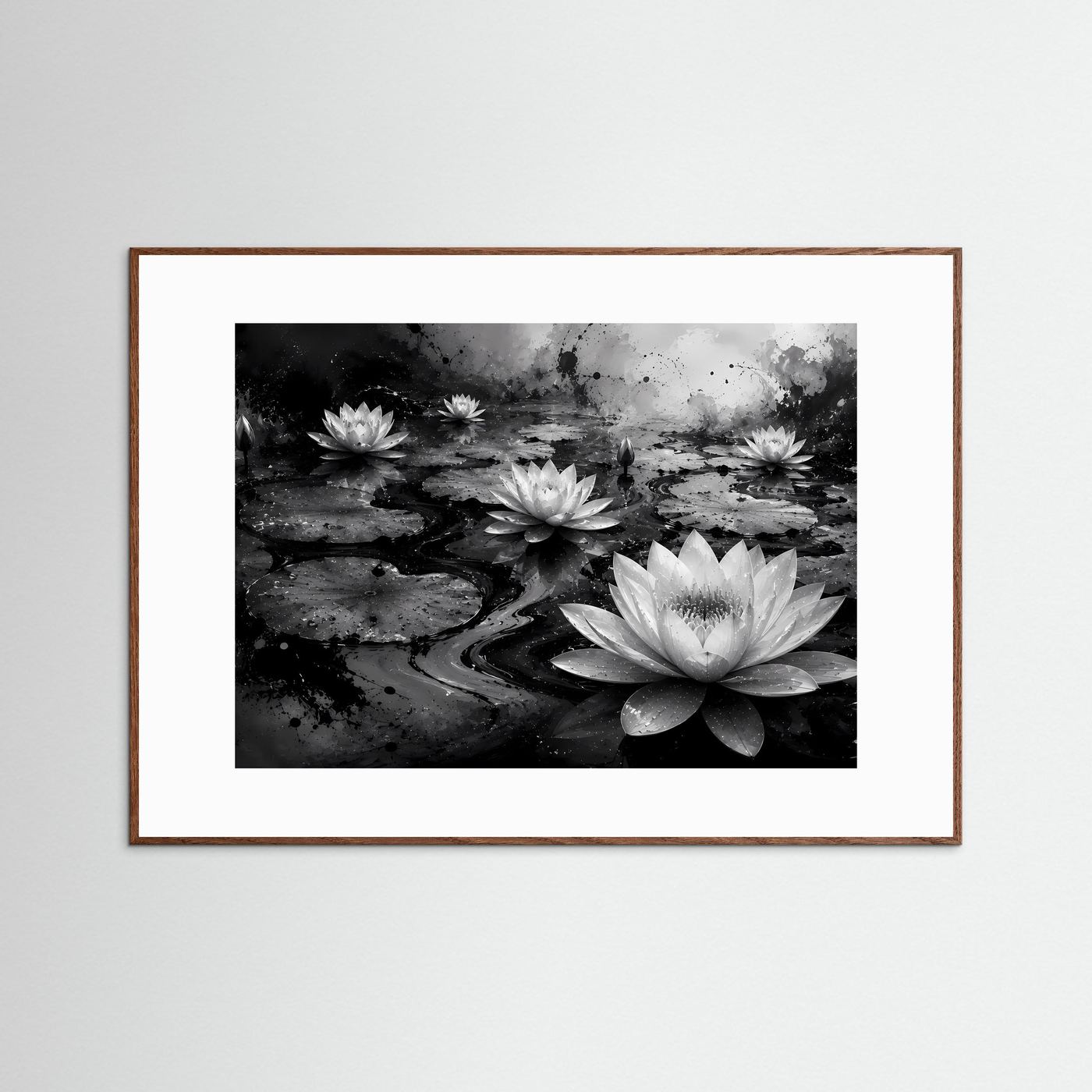 Weiße Seerosen auf schwarzem Wasser | Elegante Schwarz-Weiß Naturkunst – Moderner Lotus Teich