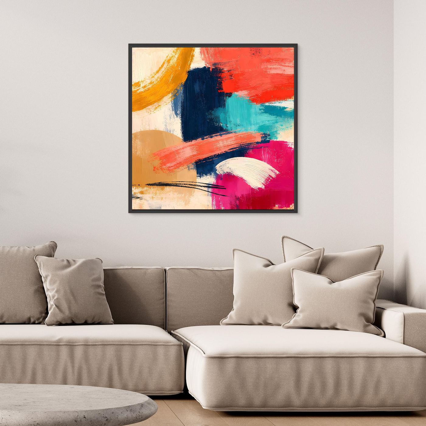 Quadratisches abstraktes Leinwand-Wandbild mit kräftigen Farbflächen in Blau, Rot und Pink, im Rahmen
