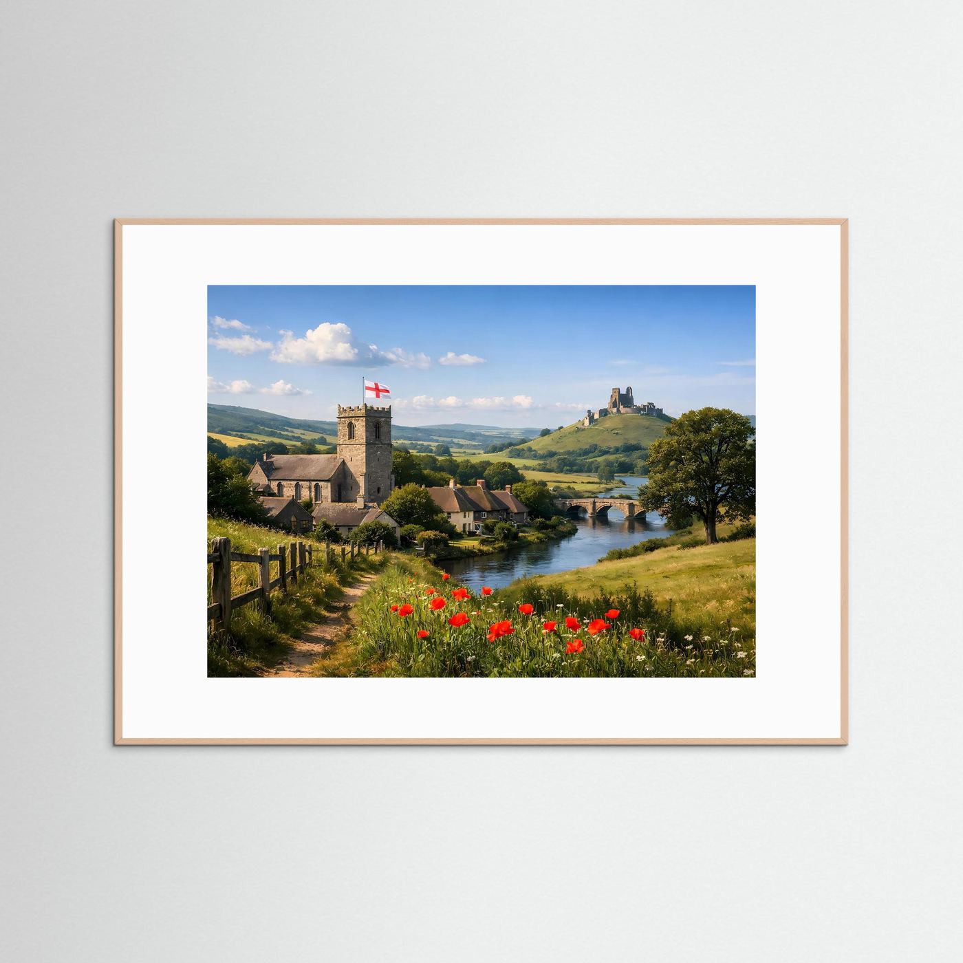 Naturposter Querformat mit hellem Holzrahmen: Burgruine, Fluss und Mohnblumen