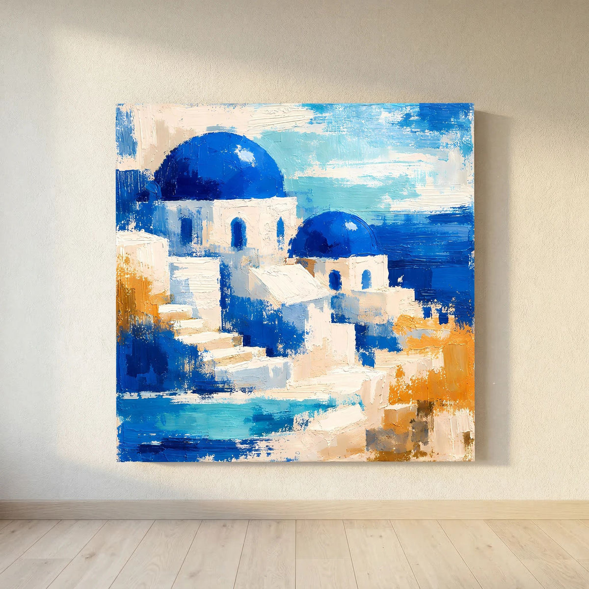 Quadratisches Leinwand-Wandbild mit blauen Kuppeln, weißen Gebäuden und warmen Orangetönen