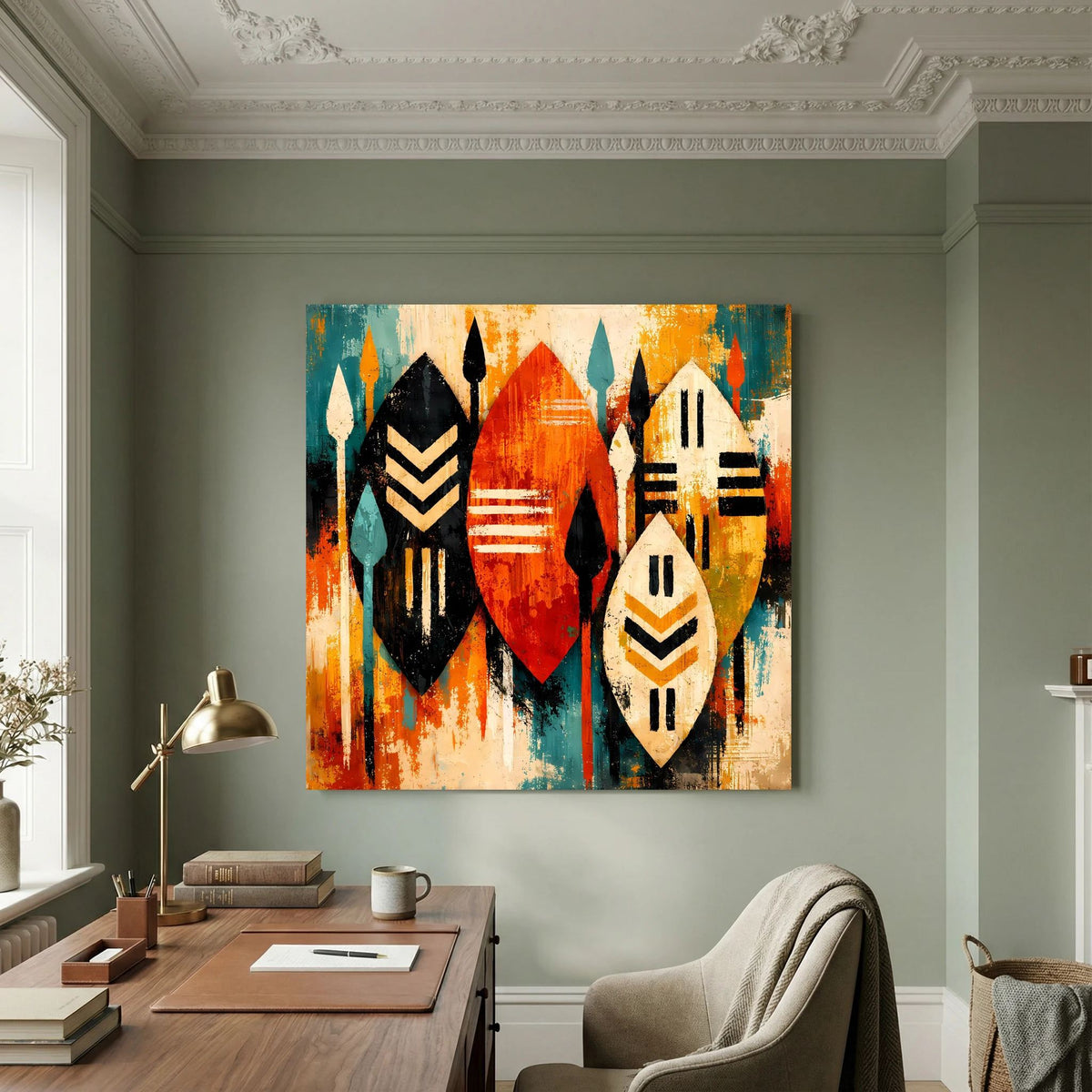 Leinwand-Wandbild mit abstrakten afrikanischen Schilden und Speeren in Blau, Orange und Schwarz