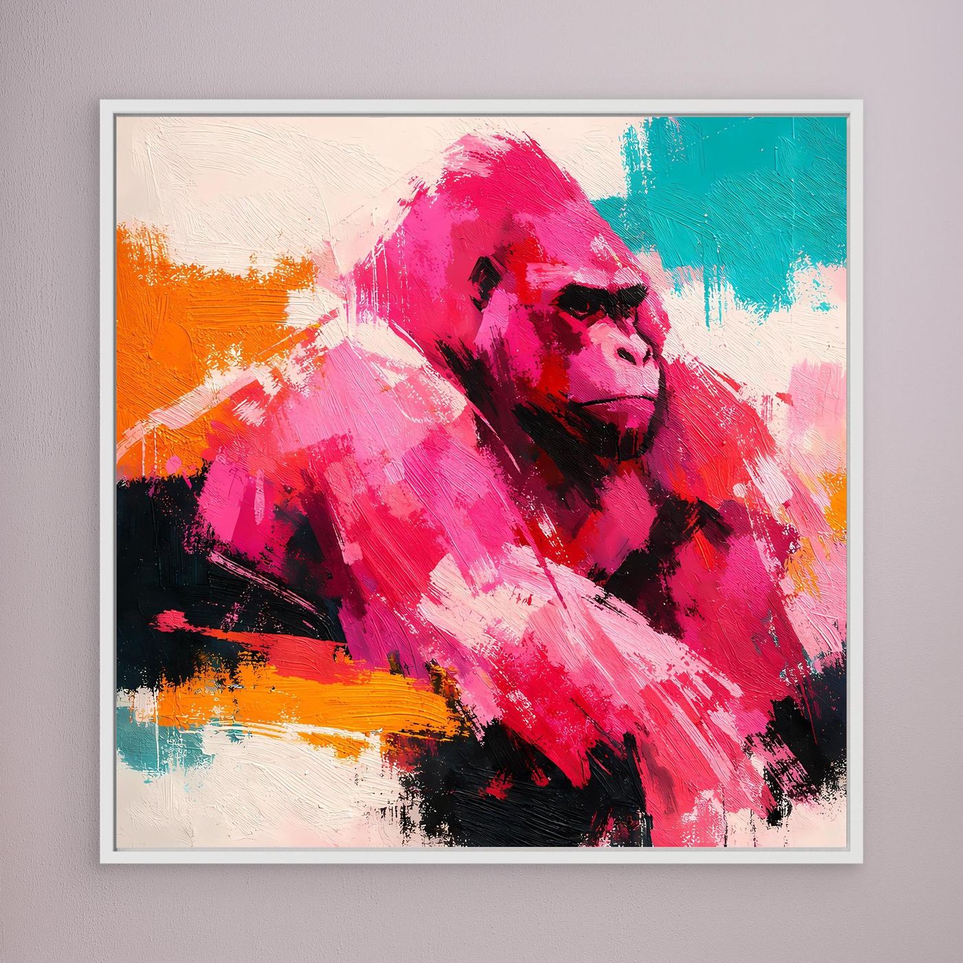 Leinwandbild mit abstrakter Gorilla-Pop-Art-Grafik, weißer Rahmen