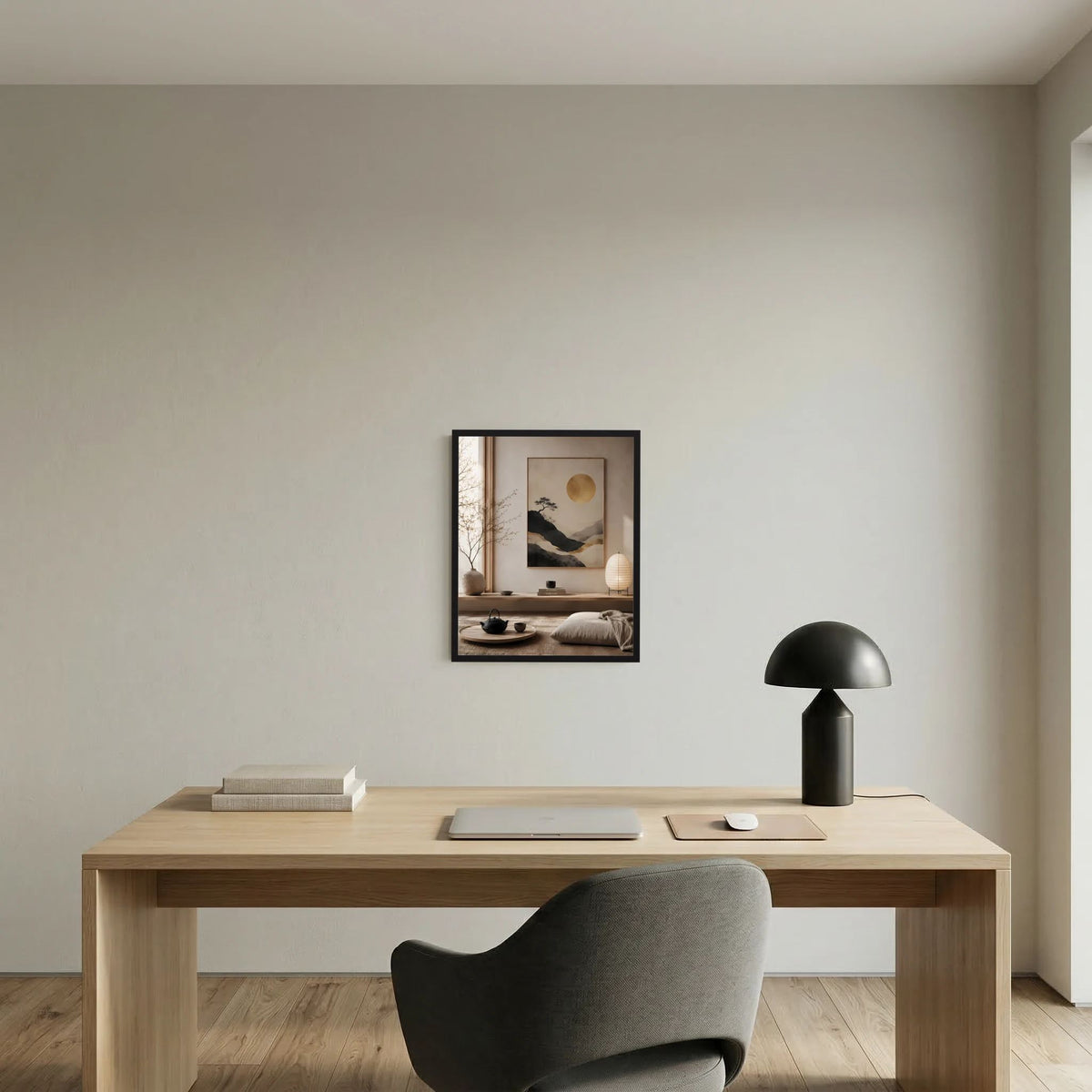 Wandposter im Hochformat mit goldener Sonne, Bergen und Baum im dunklen Rahmen