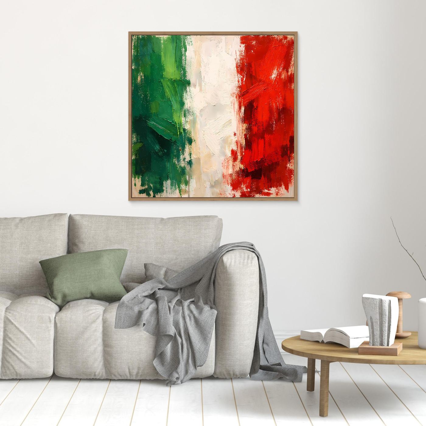 Abstract Italian flag wall canvas with oak frame, green white and red strokes