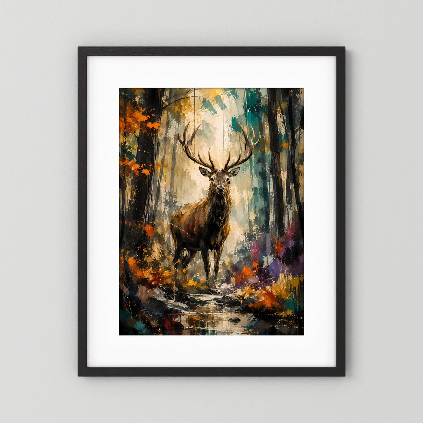 Majestätischer Hirsch | Abstrakte Waldkunst in Gold und Türkis | Poster Hochformat