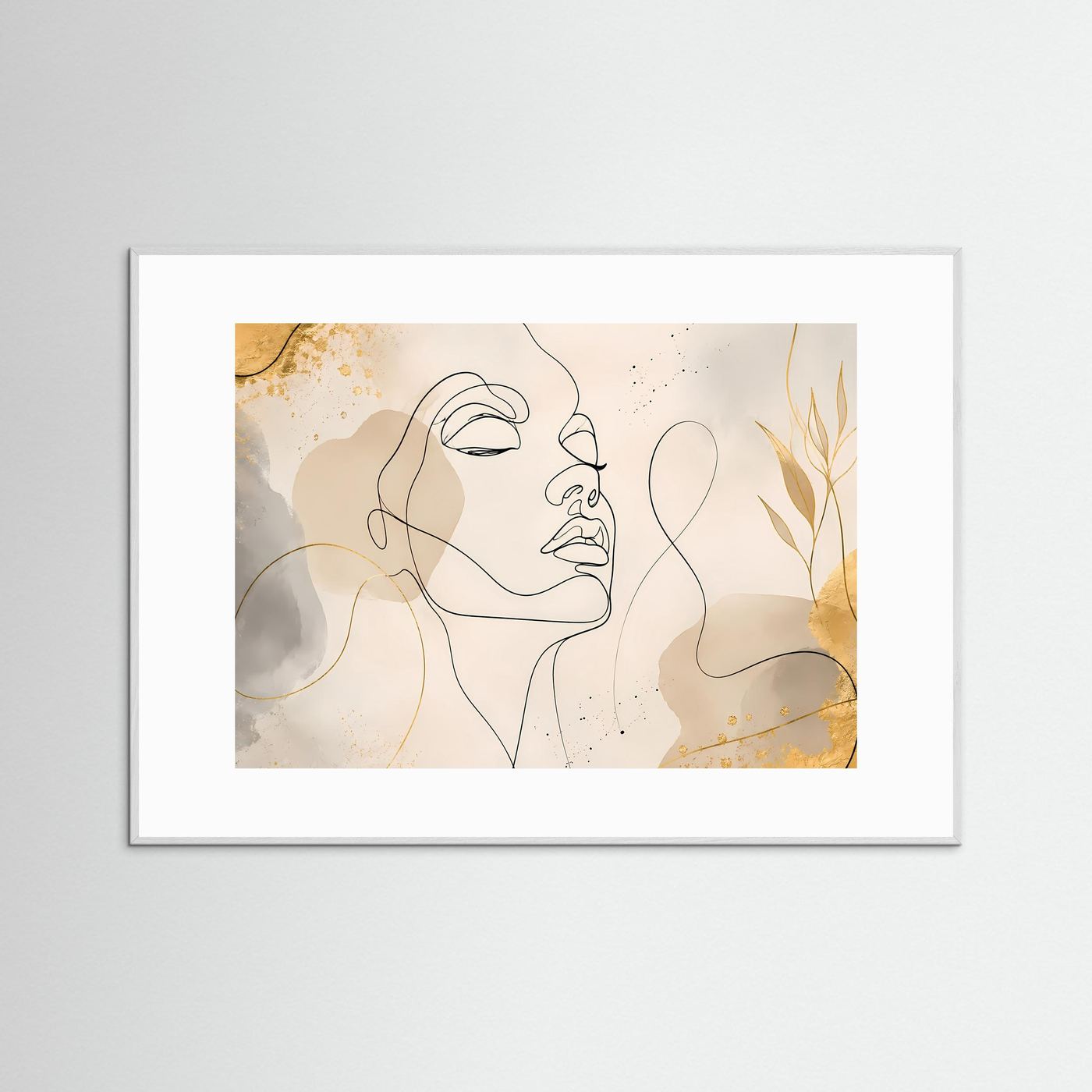 Minimalistisches One Line Face Poster Beige Gold | Moderne Line Art Wandkunst Gesicht Querformat