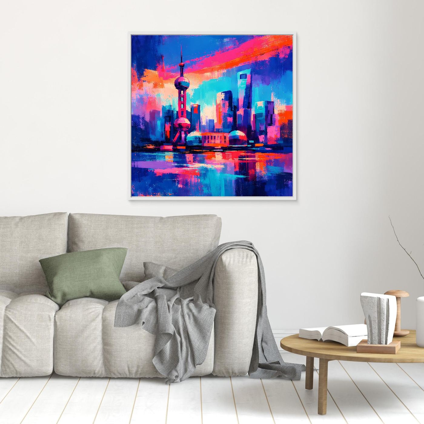 Neon-Stadt-Wandbild mit Reflexionen, quadratisch, weiß umrandet