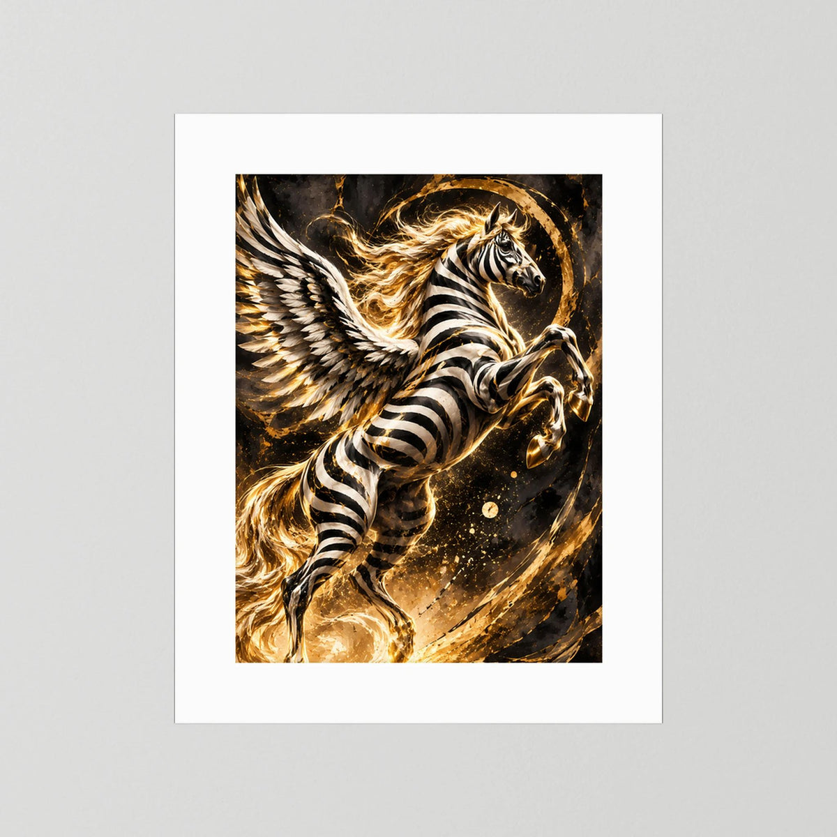 Poster Hochformat mit geflügeltem Zebra-Pegasus, Schwarz-Weiß und Gold, weiß hinterlegt