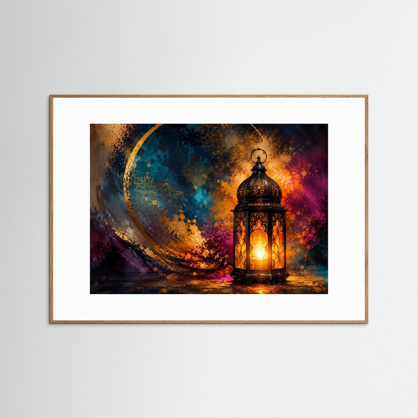 Orientalische Laterne Poster | Goldene Mondkunst | Abstrakte Boho Wandkunst | Mystisches Licht | Moderne Fine Art | Elegantes Wandbild