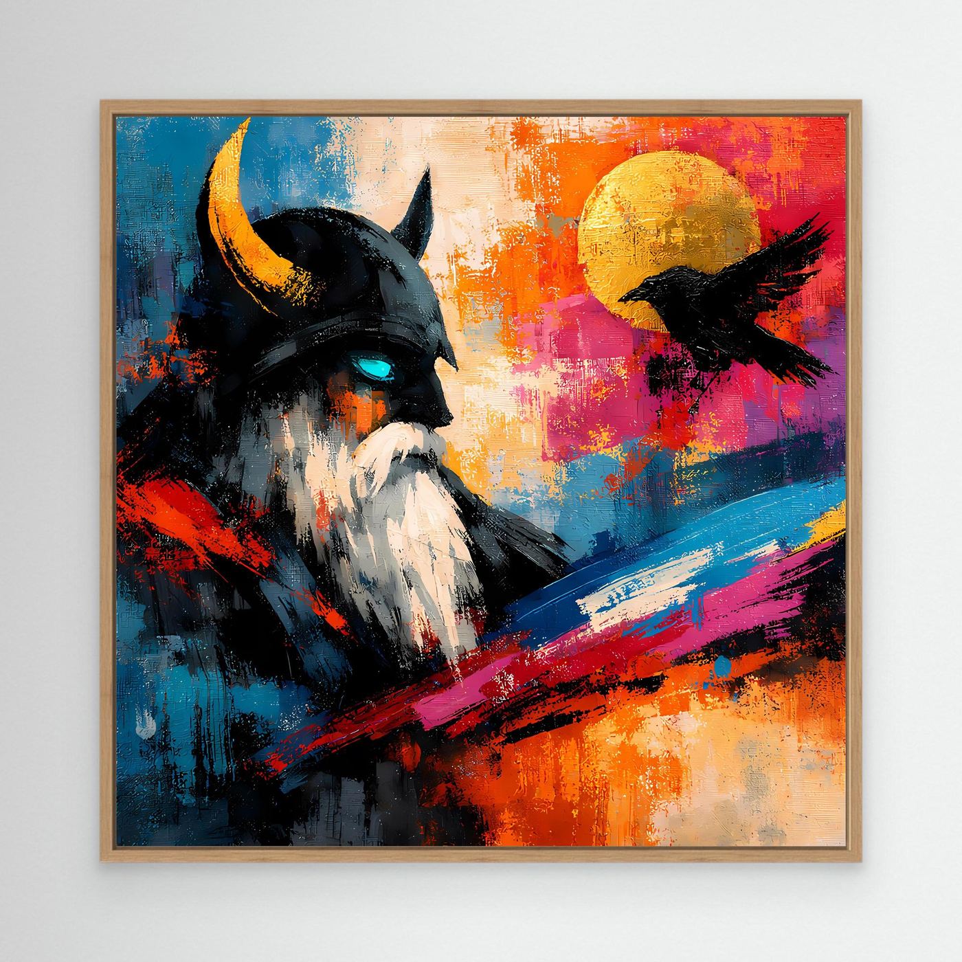 Abstraktes Leinwand-Wandbild mit Odin und schwarzem Rabenmotiv im Eichenrahmen