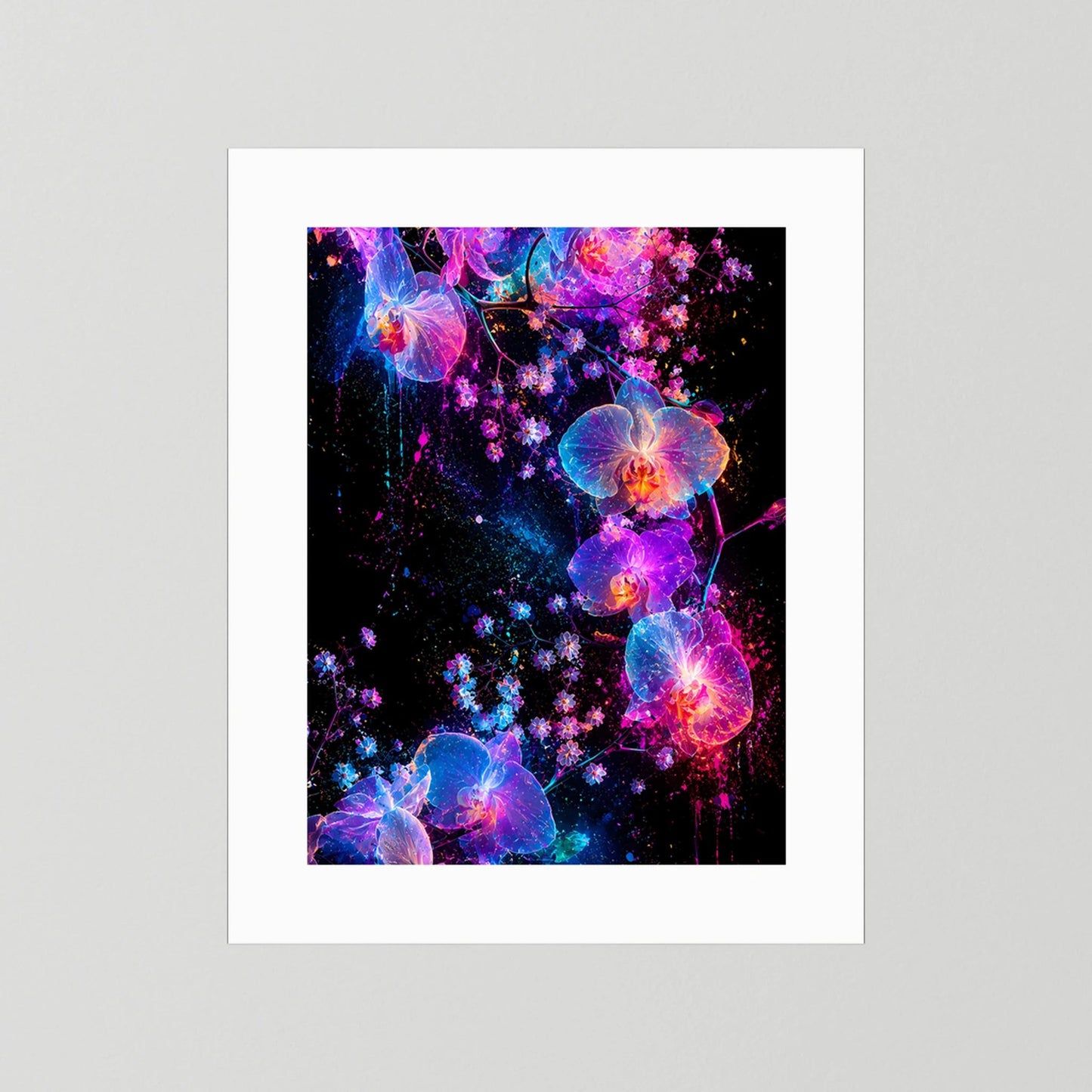 Leuchtendes Orchideen-Kunstposter mit weißem Rand, Neonblüten in Blau, Pink und Violett