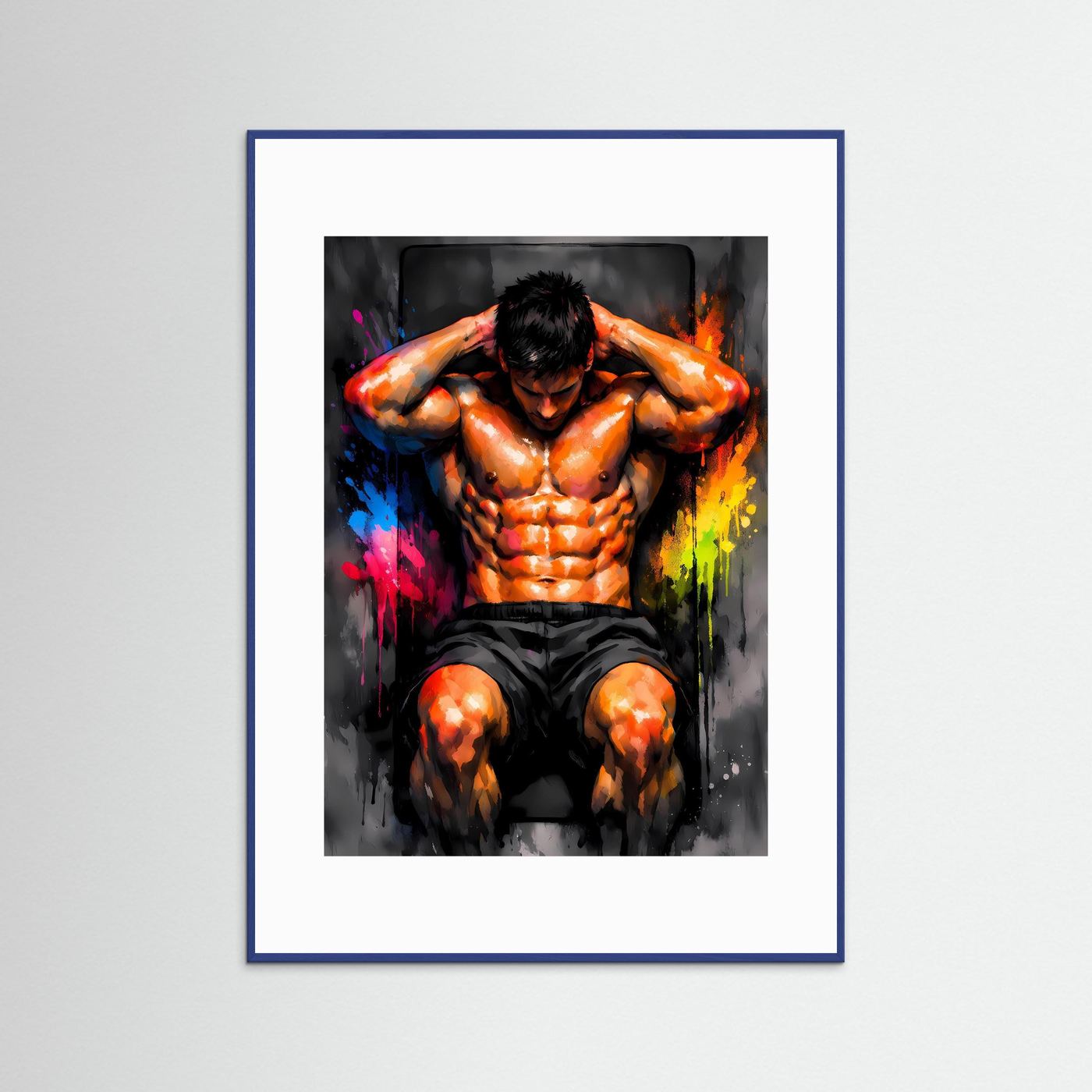 Die Kraft der Mitte | Sit-Ups Fitness Poster in dynamischen Neonfarben | Abstraktes Kunstposter Hochformat
