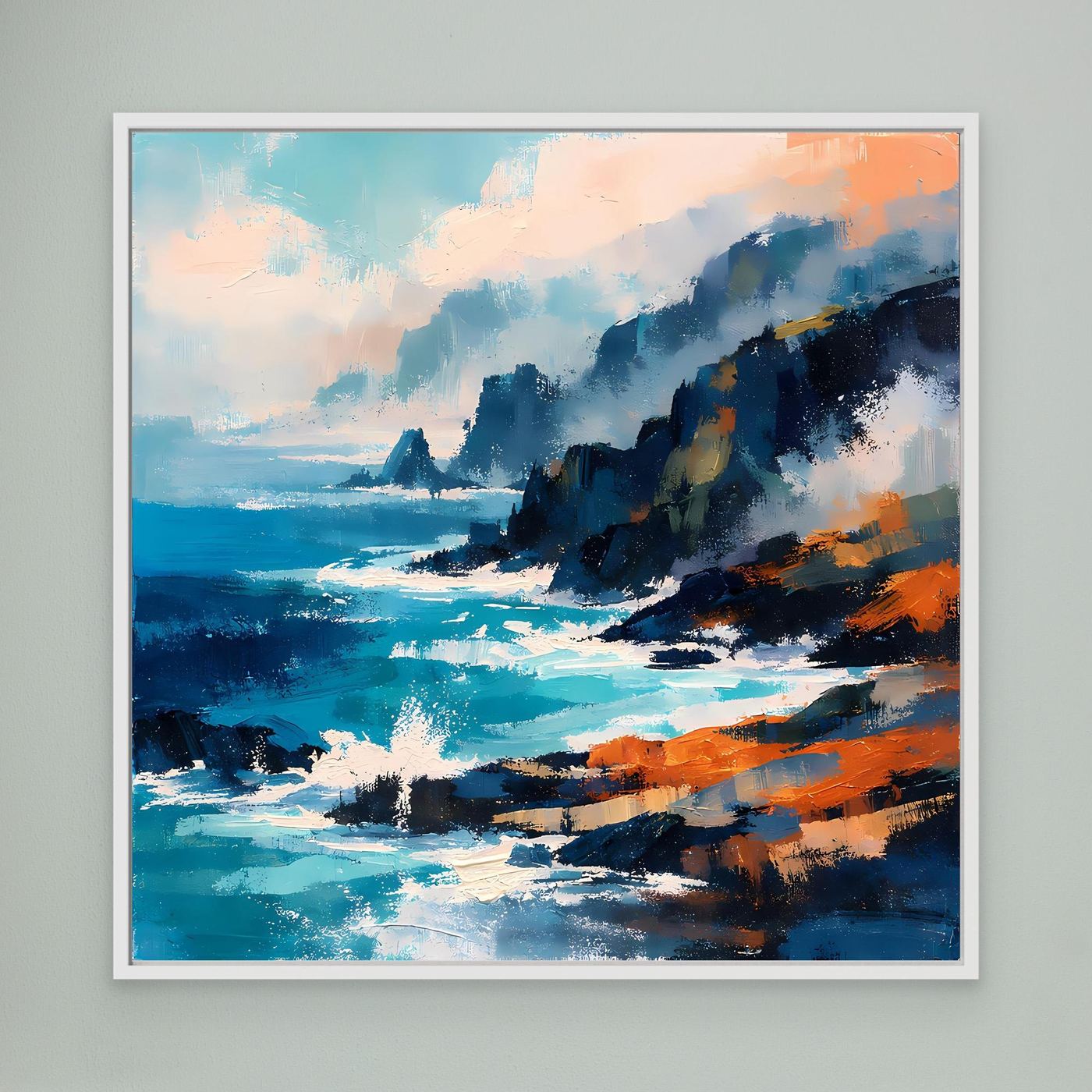 Abstraktes Leinwand-Wandbild mit Ozean und Klippen, türkis-blau/orange, weißer Rahmen