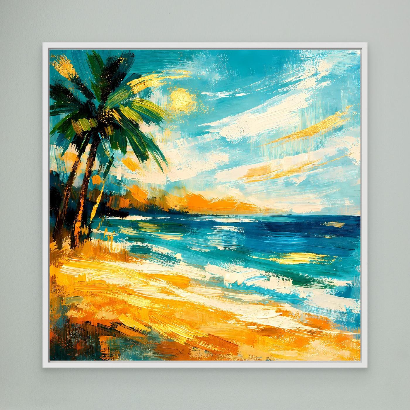 Leinwandbild mit Palme, Strand und Meer in Türkis, Orange und Gelb, weiß gerahmt
