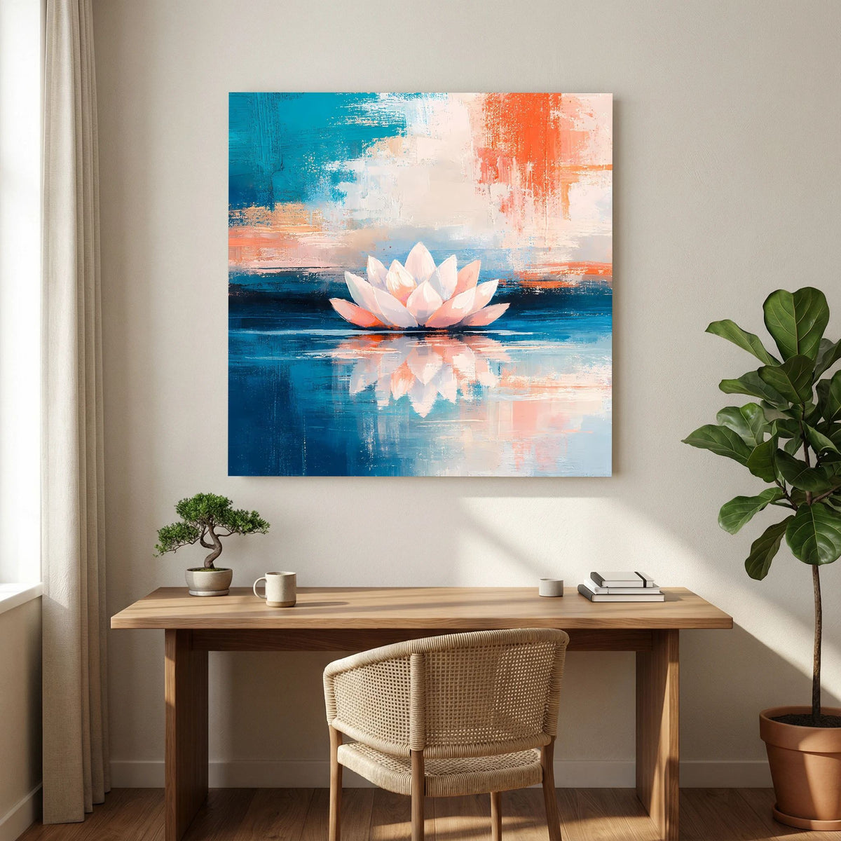 Leinwandbild mit Lotusblüte auf Wasser, weißes Motiv mit Spiegelung in Blau-Orange.