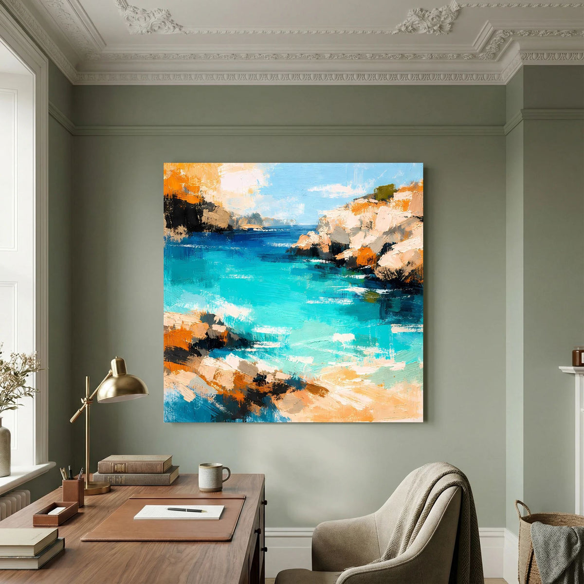 Abstraktes Leinwandbild mit türkisblauem Meer und felsiger Küste, Orange Akzente, helles Motiv.