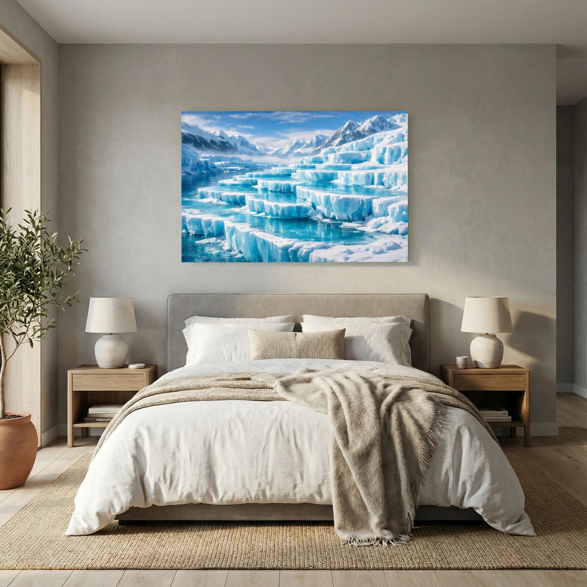 Kleines Querformat-Wandbild mit Gletschermeer, blauem Eis und weiten Bergen
