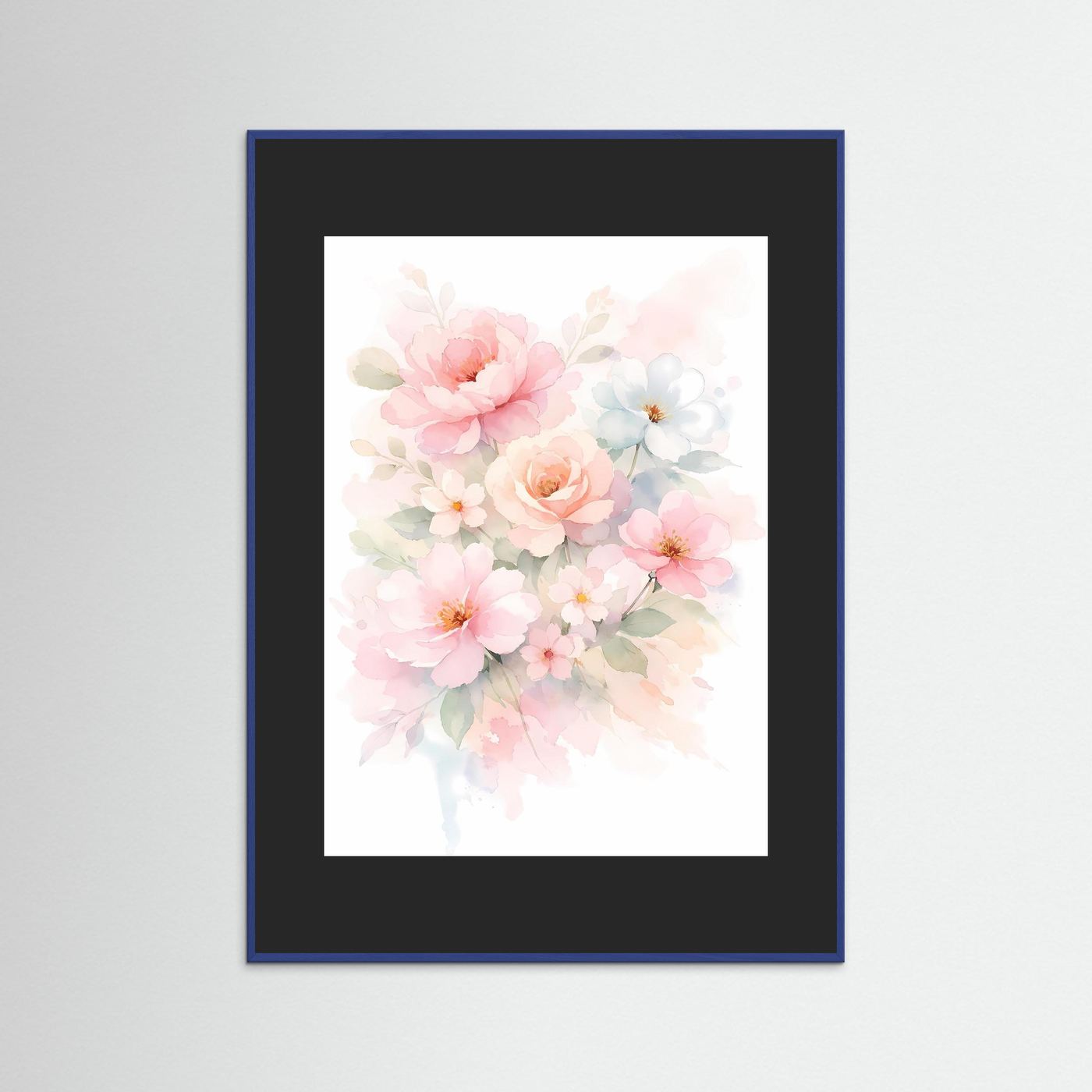 Poster mit Aquarell-Blumenbouquet in Pastellfarben, blau eingefasster Rahmen