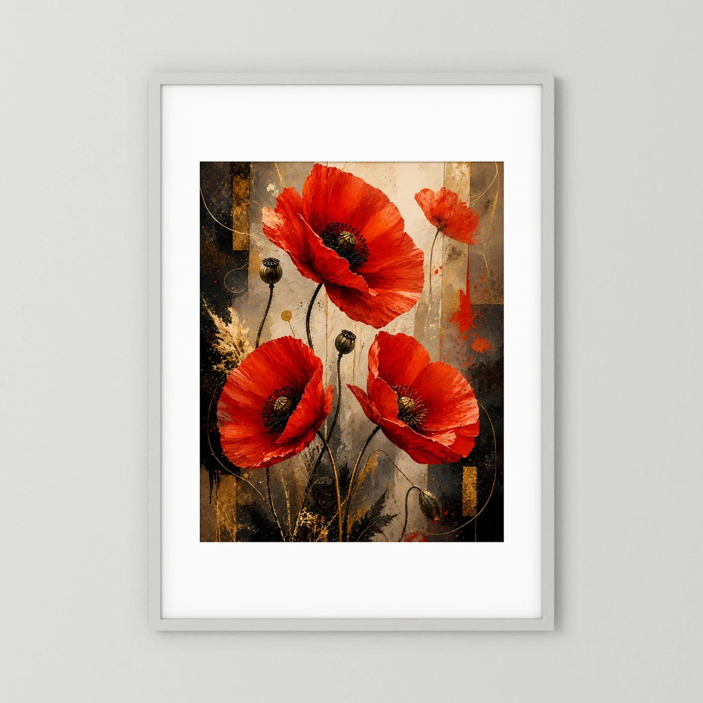 Roter Mohn in Gold & Schwarz | Elegante florale Kunst | Poster Hochformat