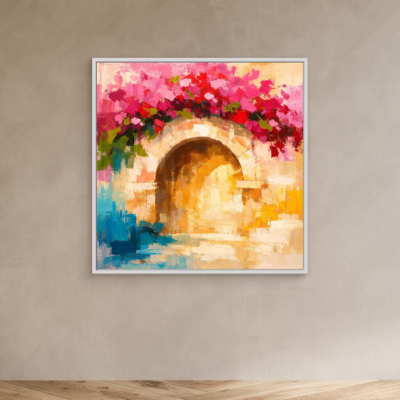 Leinwand Abstrakter Torbogen mit Bougainvillea | Modernes Mediterranes Wandbild Italien
