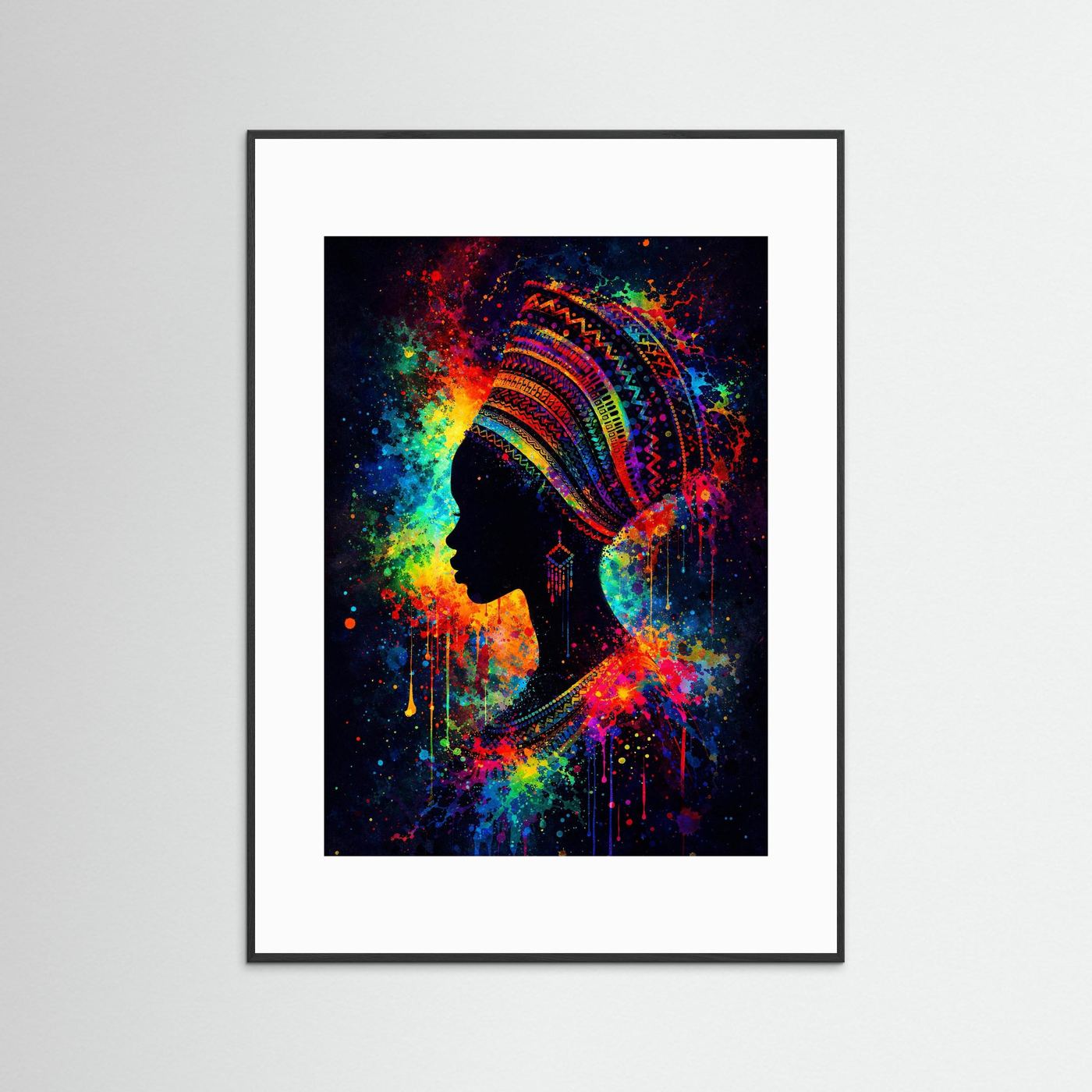 Poster mit Frauensilhouette und Kopfschmuck, Neon-Graffiti-Farbspritzer, schwarzer Rahmen mit weißer Einfassung